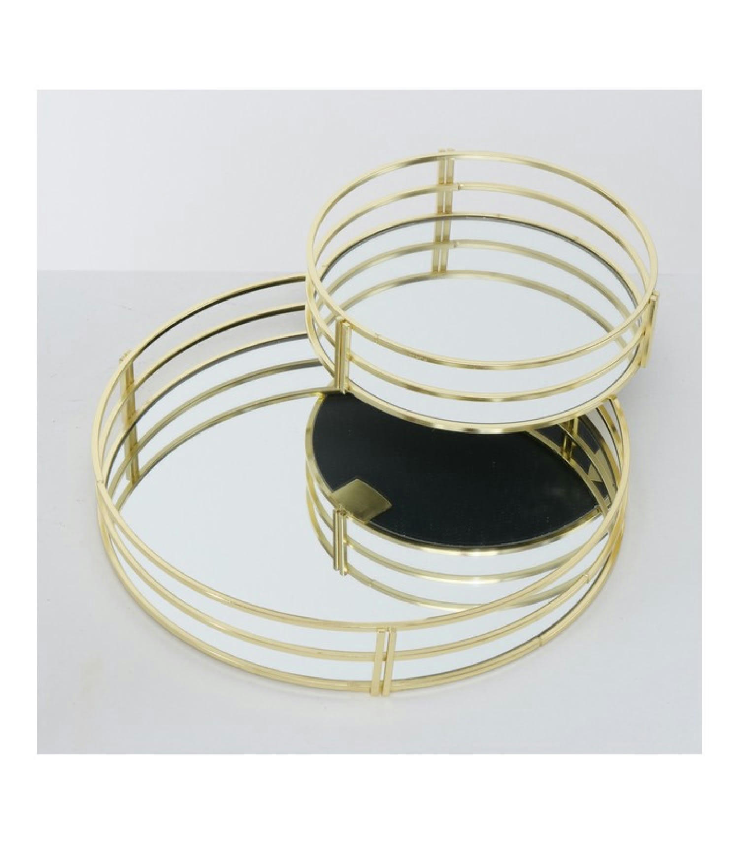 MIROIRS - Set de 2 plateaux ronds en métal doré et miroirs