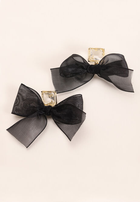 Womens Gold & Black Fabric Bow Drop Earrings