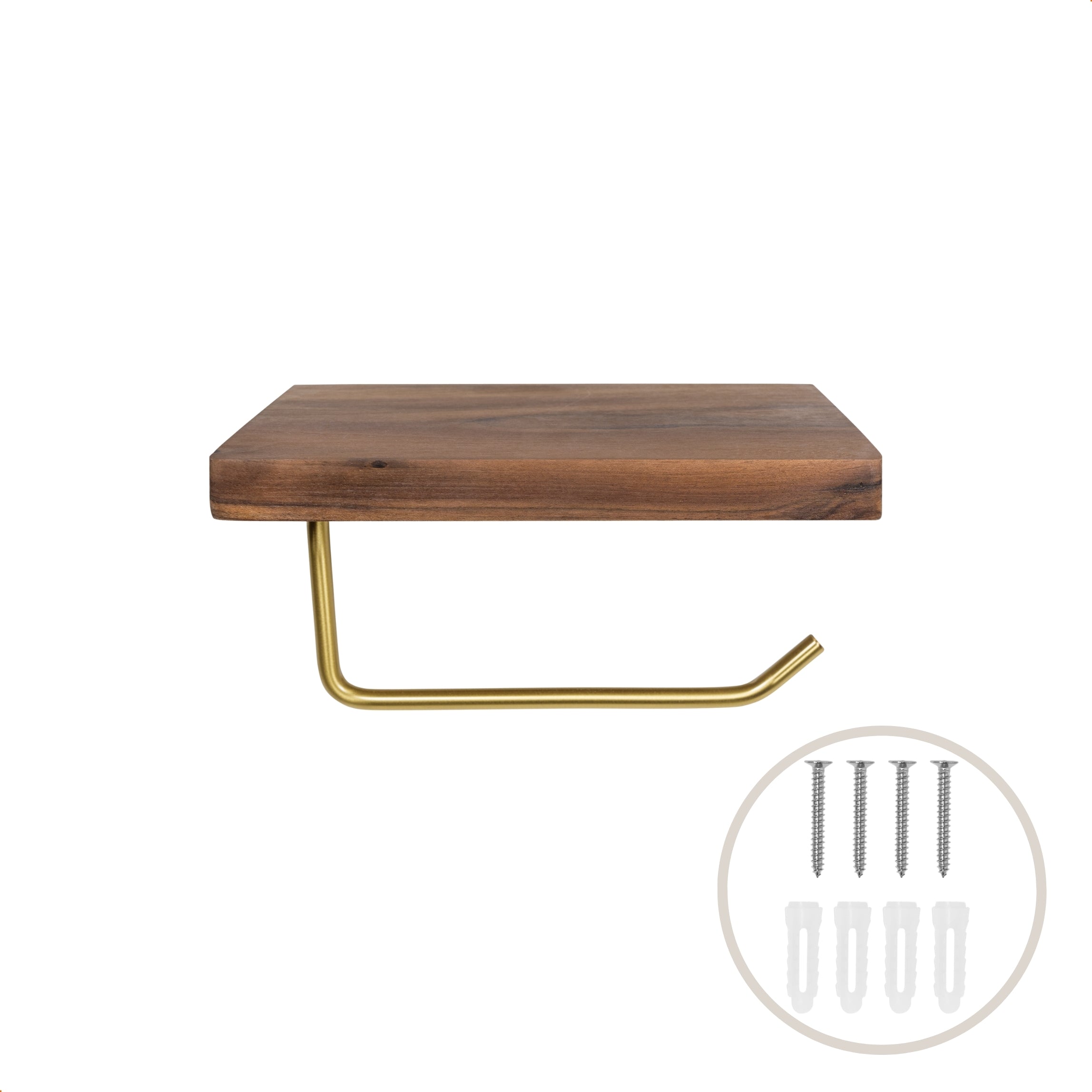 QUVIO Toiletrolhouder metaal met telefoon plank - Donker hout + goud