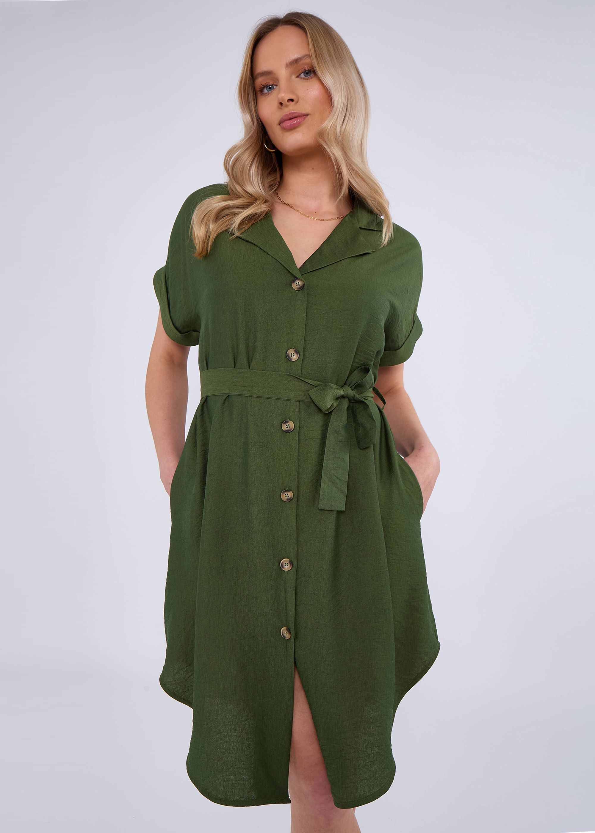 Gini London Khaki Utility Belted Oversized Viscose Shirt Dress