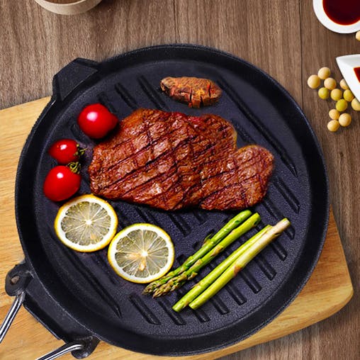 SOGA 24cm Round Ribbed Cast Iron Steak Frying Grill Skillet Pan with Folding Wooden Handle
