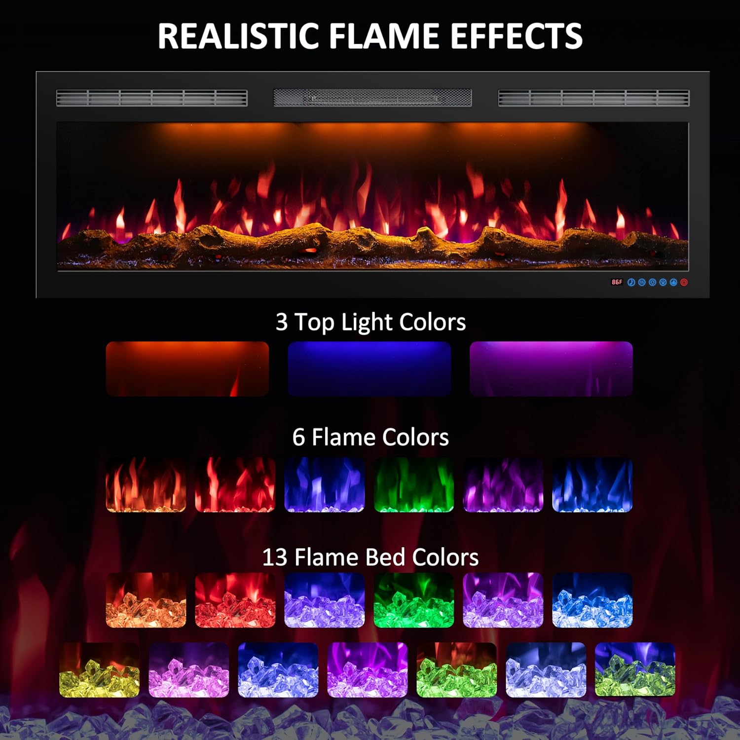 60 Inch WiFi Electric Fireplace Heater, Recessed or Wall Mounted, Ultra‑Slim 5.51 Deep, 750/1500W, 12 Flame Colors & 12 Ember Bed Colors,Remote & App Control, Works with Alexa & Google Home