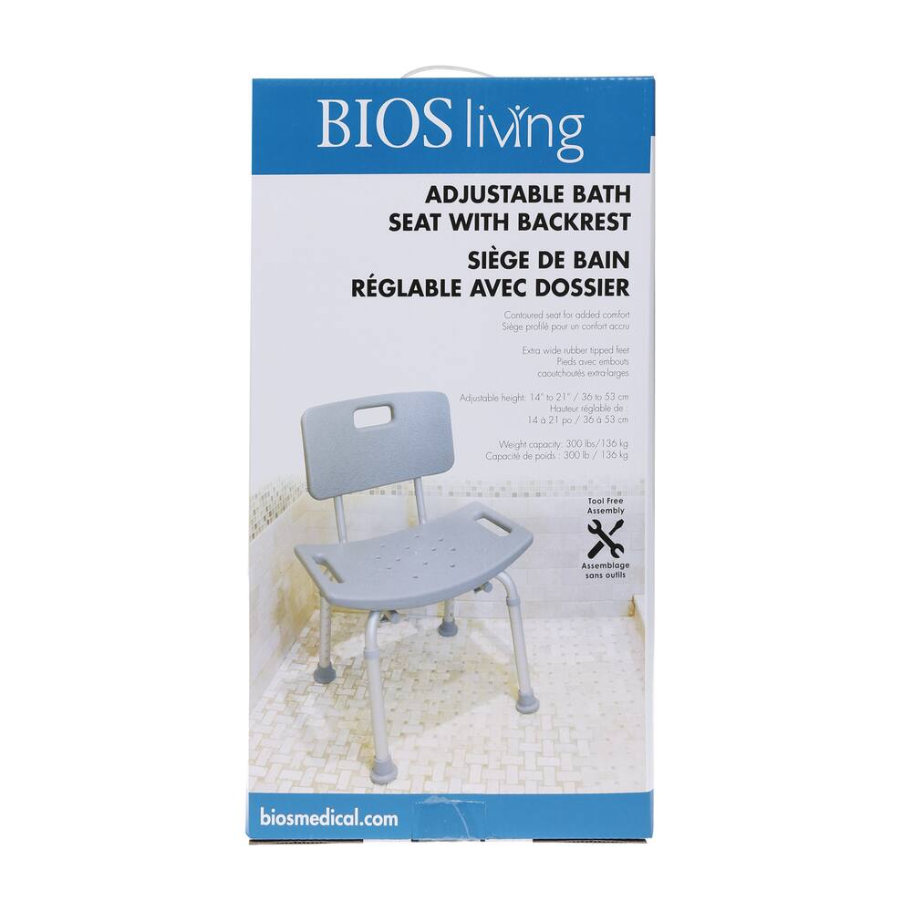 Bios Living Height Adjustable Bathtub & Shower Bench/Chair/Seat with Backrest & Handles, Grey, 14 to 21-in Height