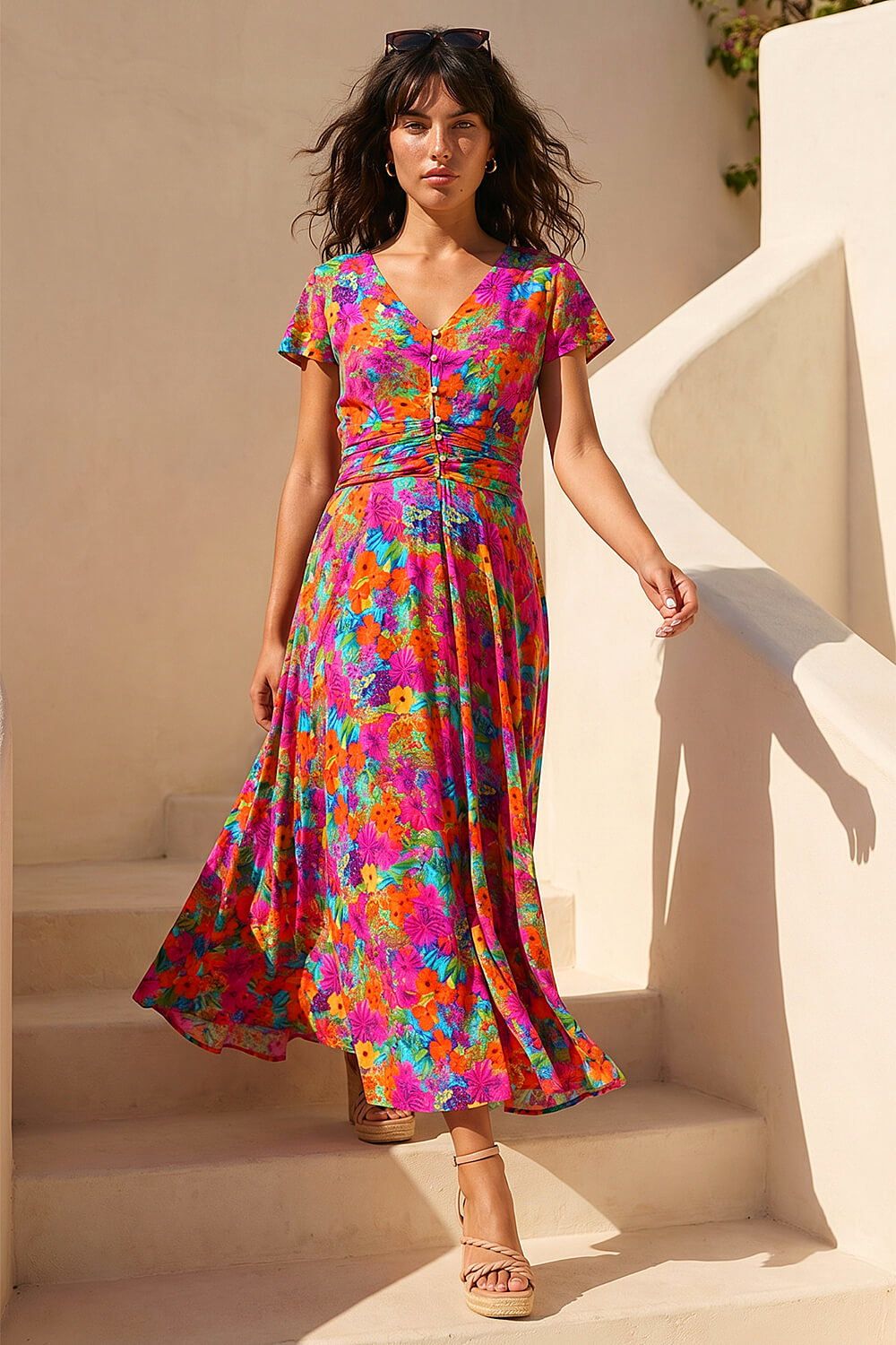 Roman Floral Ruched Waist Midi Dress