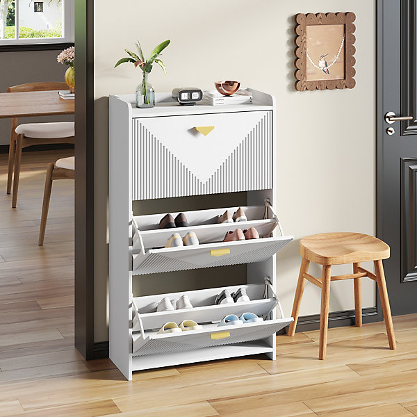 Meuble à Chaussures - Meuble d'entrée avec 3 Abattants et étagères Réglables - en MDF - Blanc