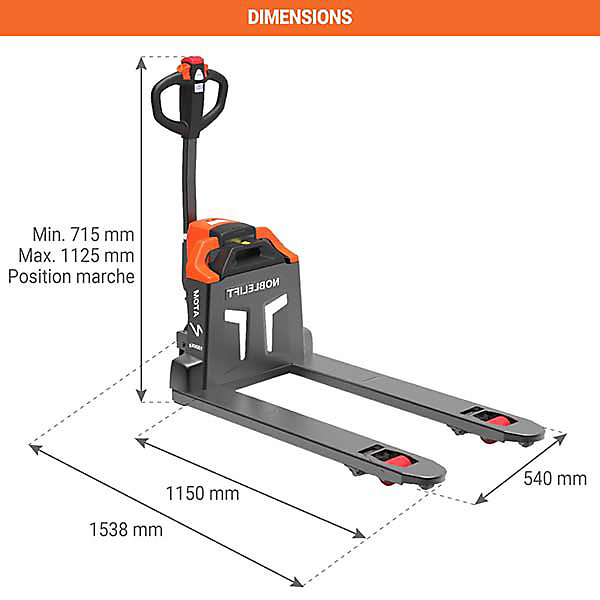 Lot de 3 transpalettes électriques avec recharge express 2h30 - Timon à monter soi-même - Charge 1500kg - PTE15Q2-B-TNM/3