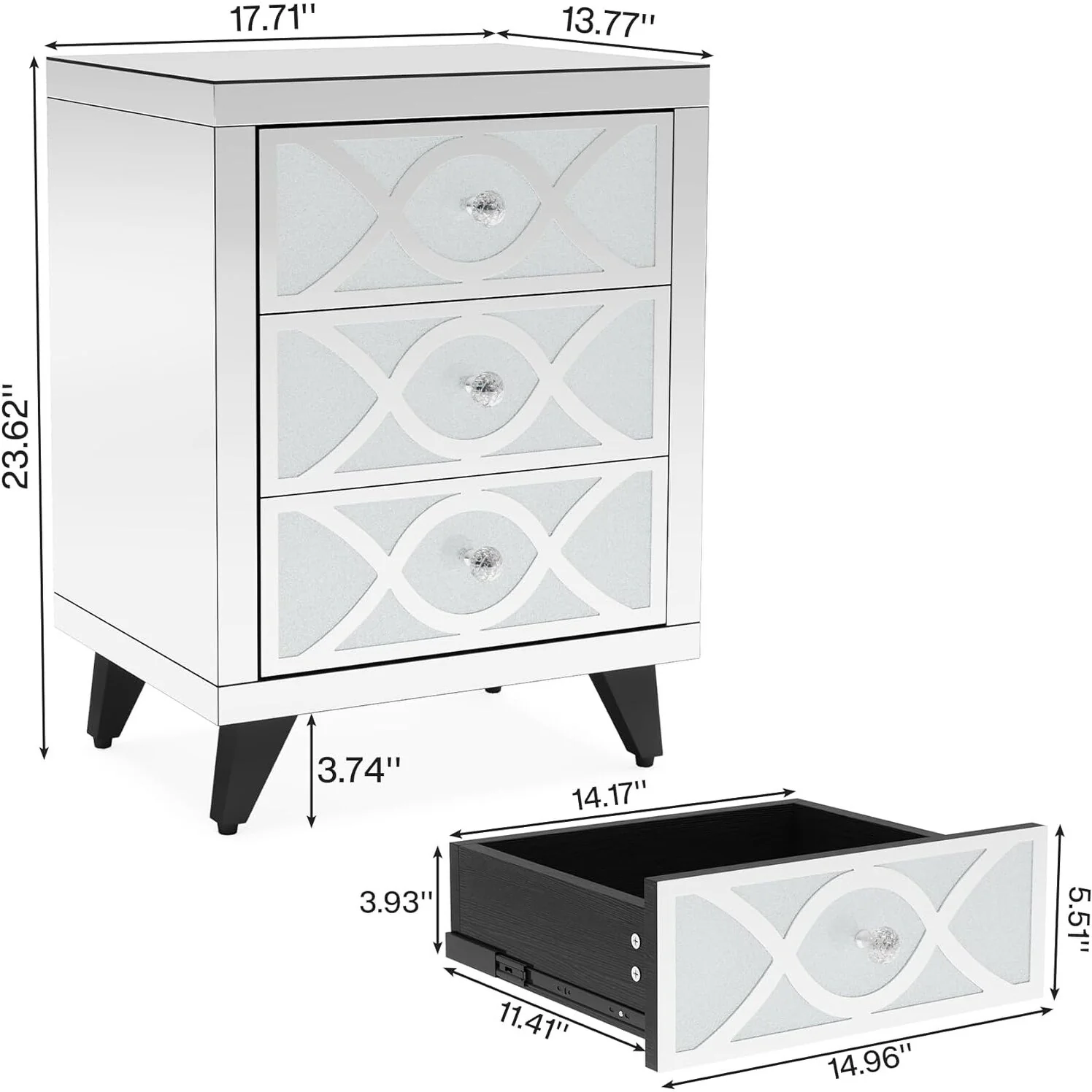 Mirrored Nightstand with 3 Drawers, Silver Bed Side Table for Bedroom