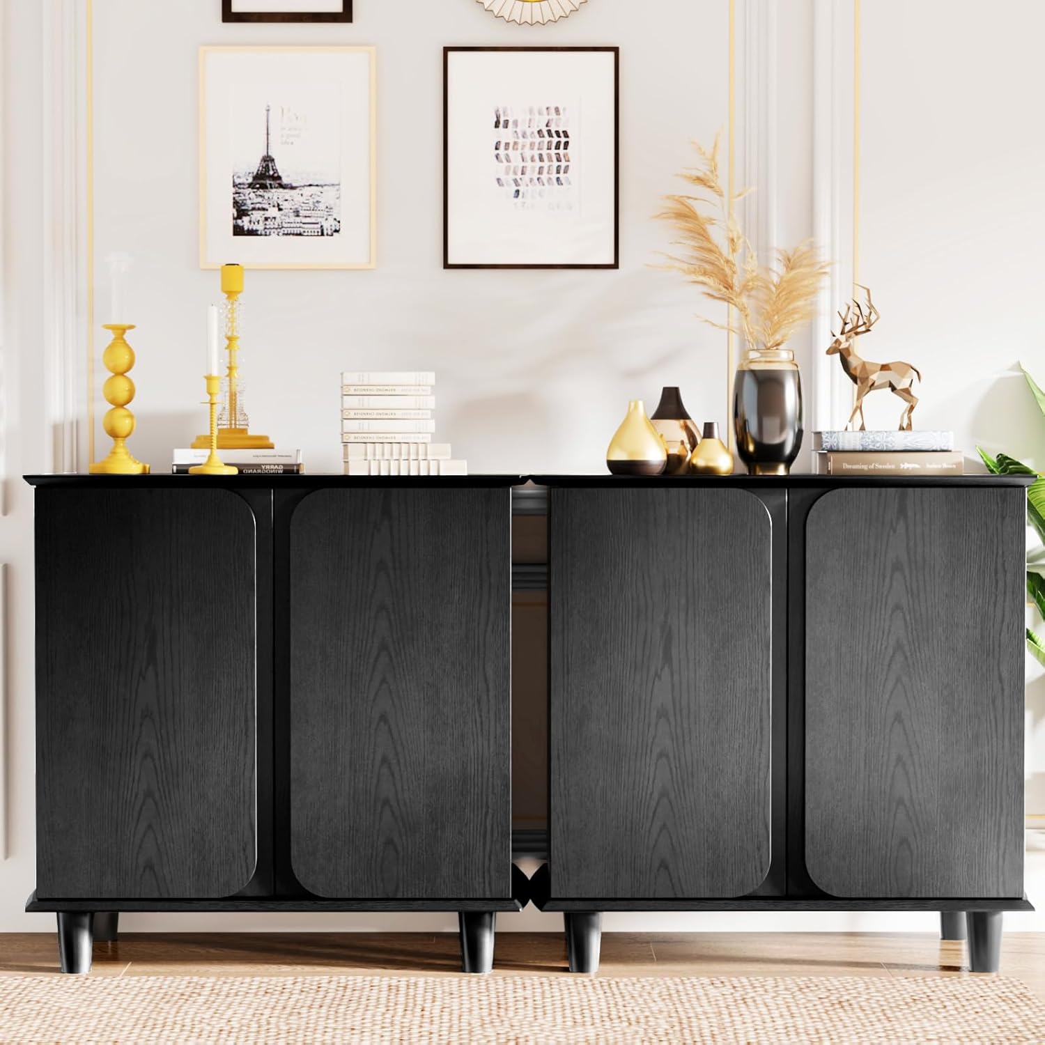 Sideboard Buffet Cabinet with Storage, Modern Black Freestanding Kitchen Cabinet with Raised Legs and Smooth Paint Finish, Curved Edge Accent Table for Living Room, Entryway, Dining Room