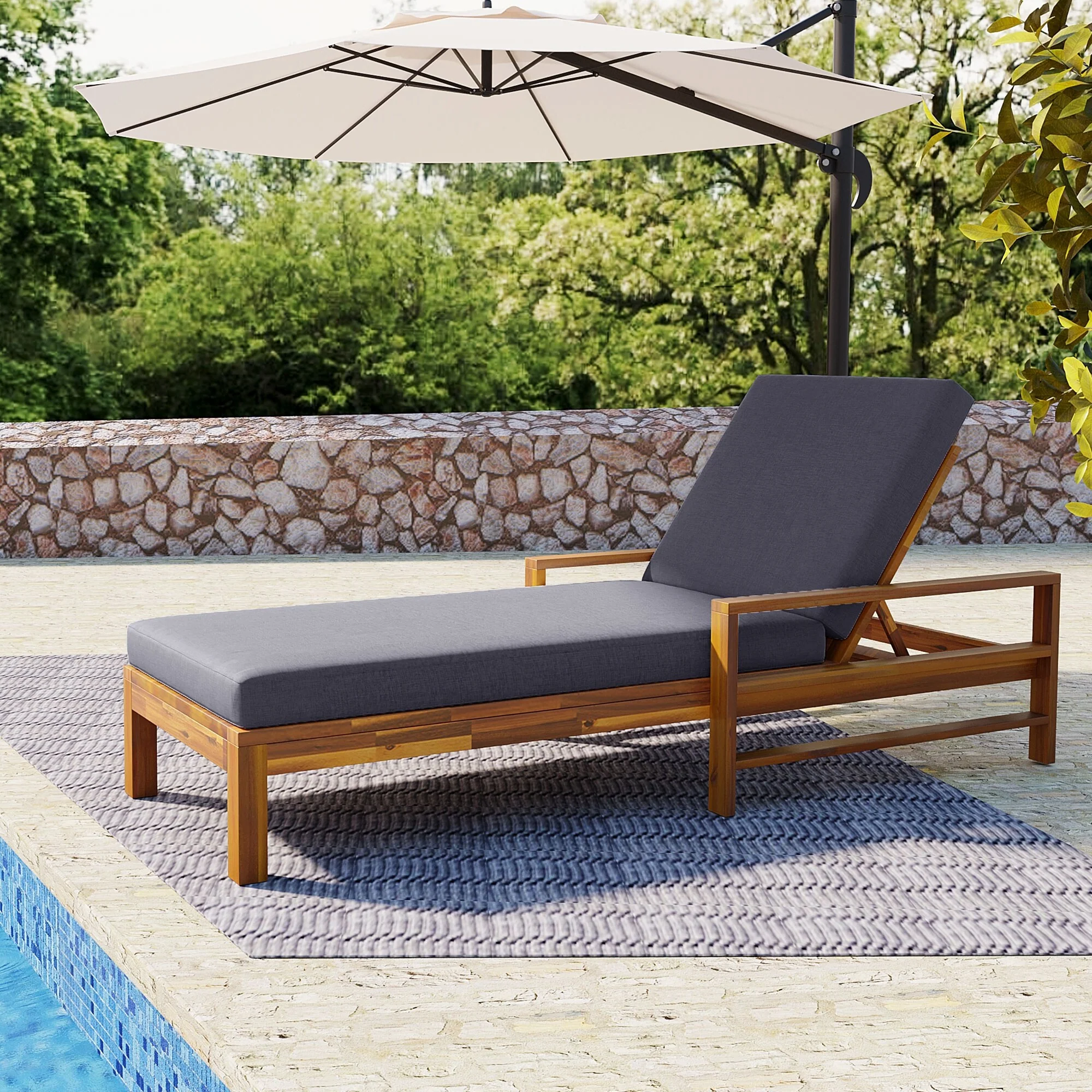 U - Style Acacia Wood Adjustable Backrest Outdoor Lounge Chair for Gardens Terraces and Poolside Areas