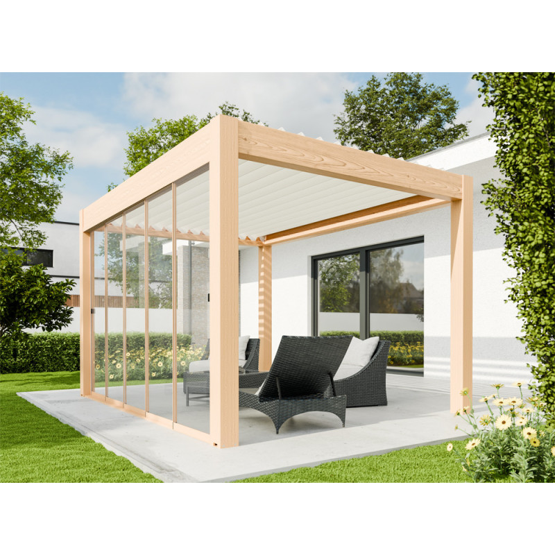 Paroi coulissante vitrée pour pergola bioclimatique Capri chêne 3 x 2,25 m 3 pièces