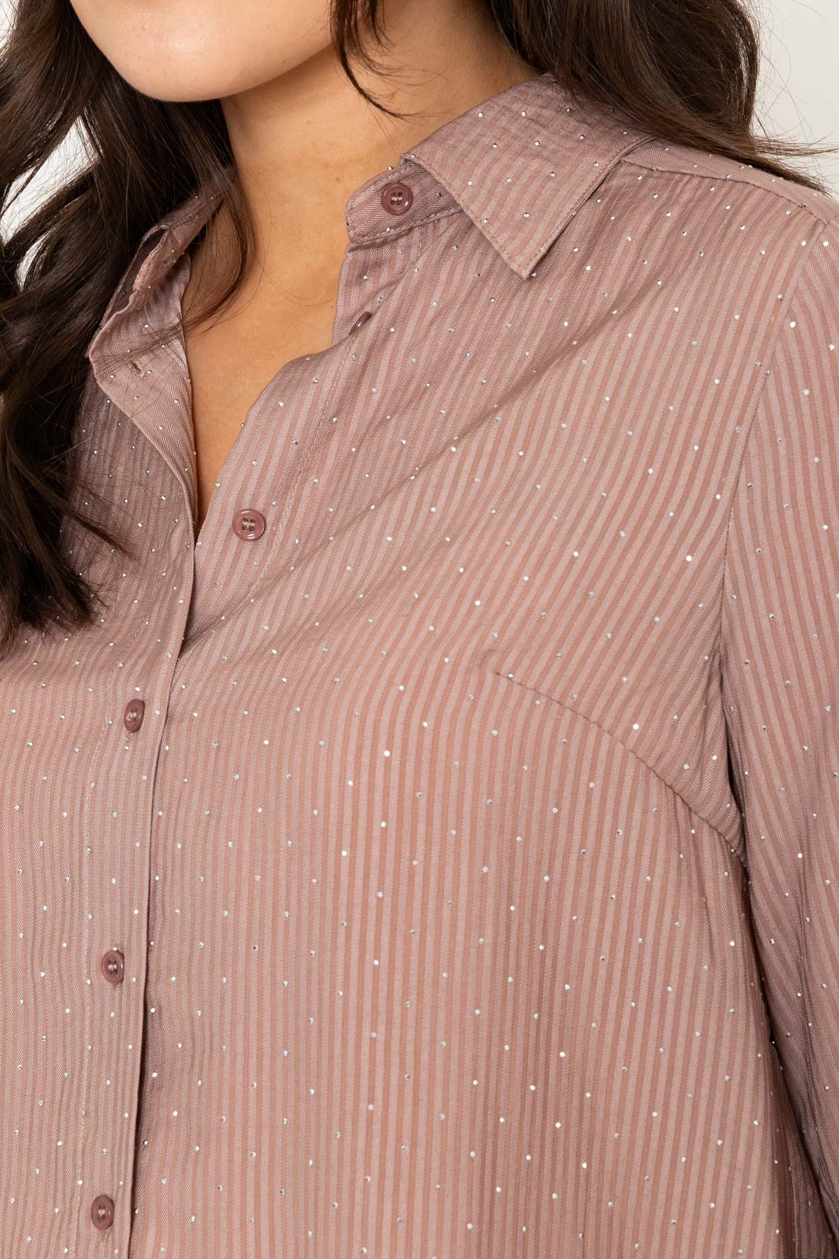 Striped Mocha Brown Shirt with Rhinestone Studs