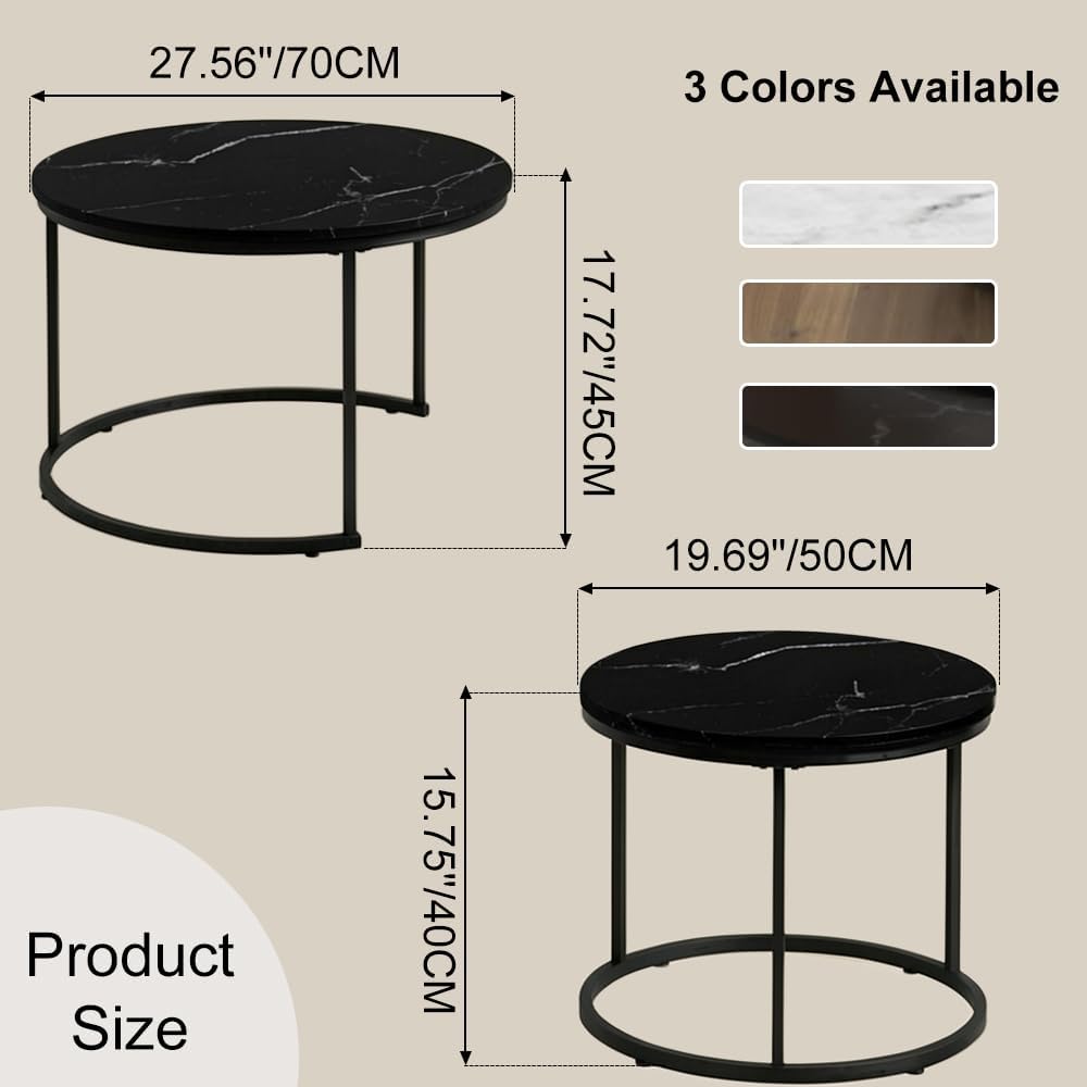Nesting Coffee Table Set of 2, 27.6inch Round Coffee Table Wood Marble Pattern Top with Sturdy Metal Frame, End Table Side Tables for Living Room Bedroom Balcony Yard (Black),CFT2601