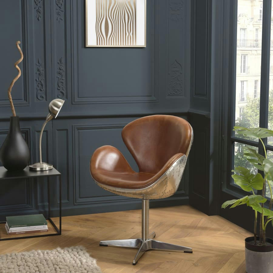 GASTON - Fauteuil vintage en cuir marron pieds en aluminium