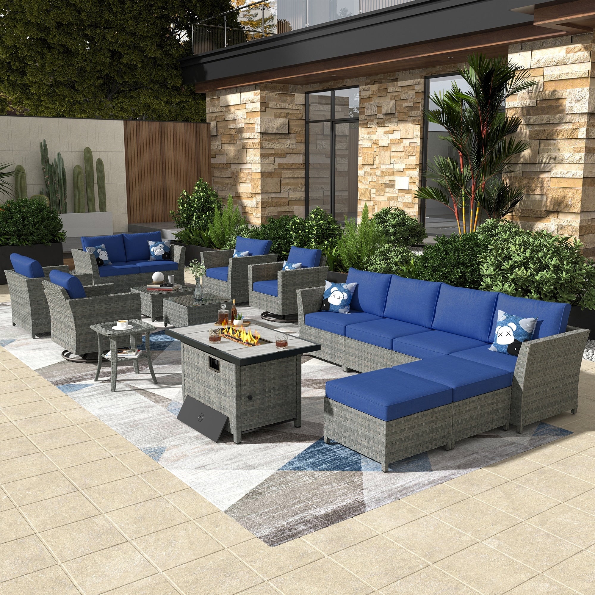 XIZZI 16-piece Outdoor Patio Wicker Furniture Sectional Set with Fire Pit