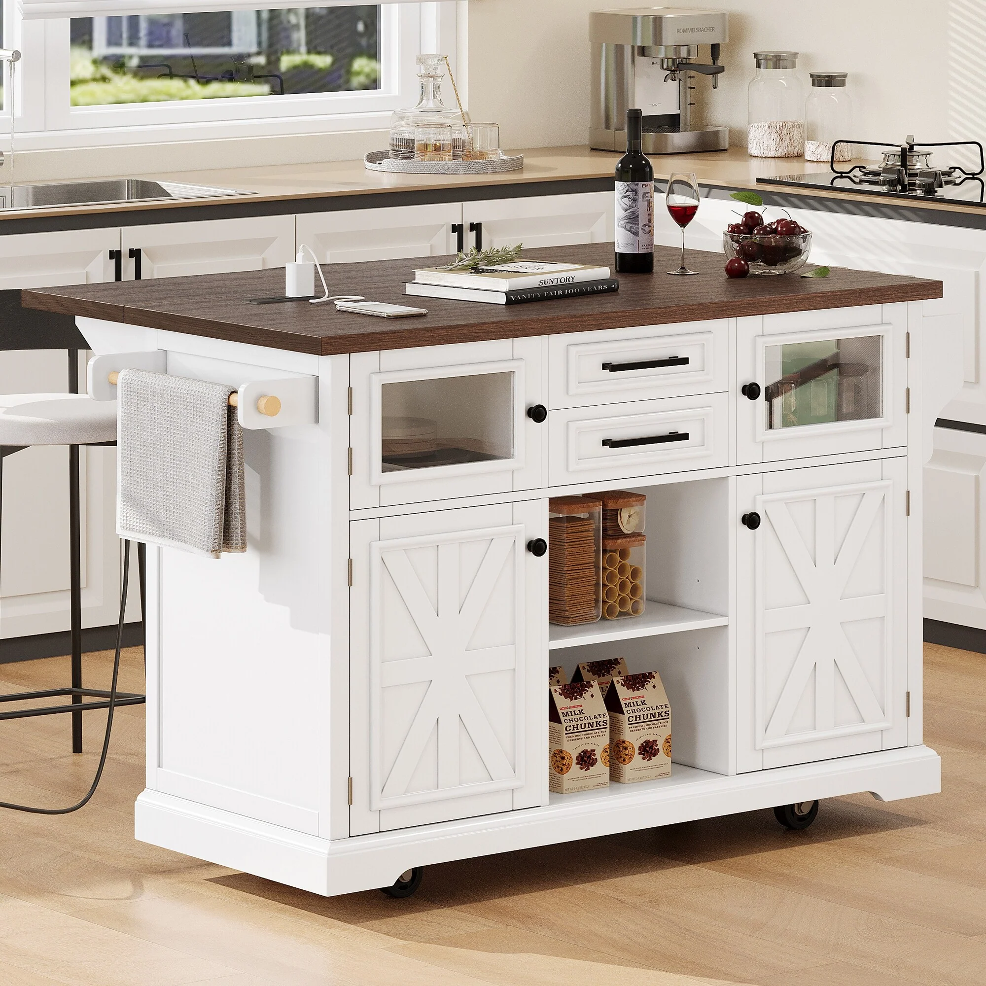 Farmhouse 54.9 Kitchen Island with Drop Leaf and Power Outlet, Stylish Storage Cart with Barn Doors