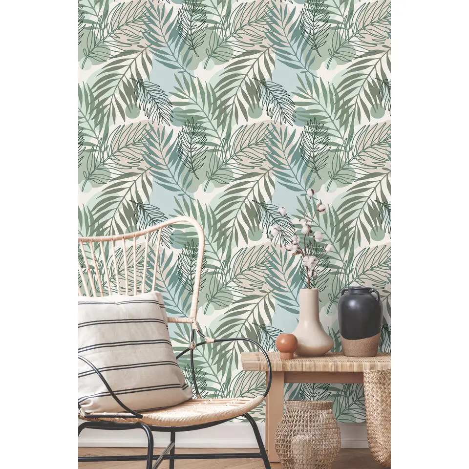 ESTAhome behang bladeren groen en blauw - 50 x 900 cm