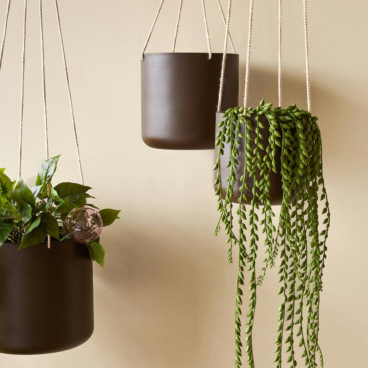 BLOOM - Pots à suspendre en toile, coton et fer marron (set de 3)