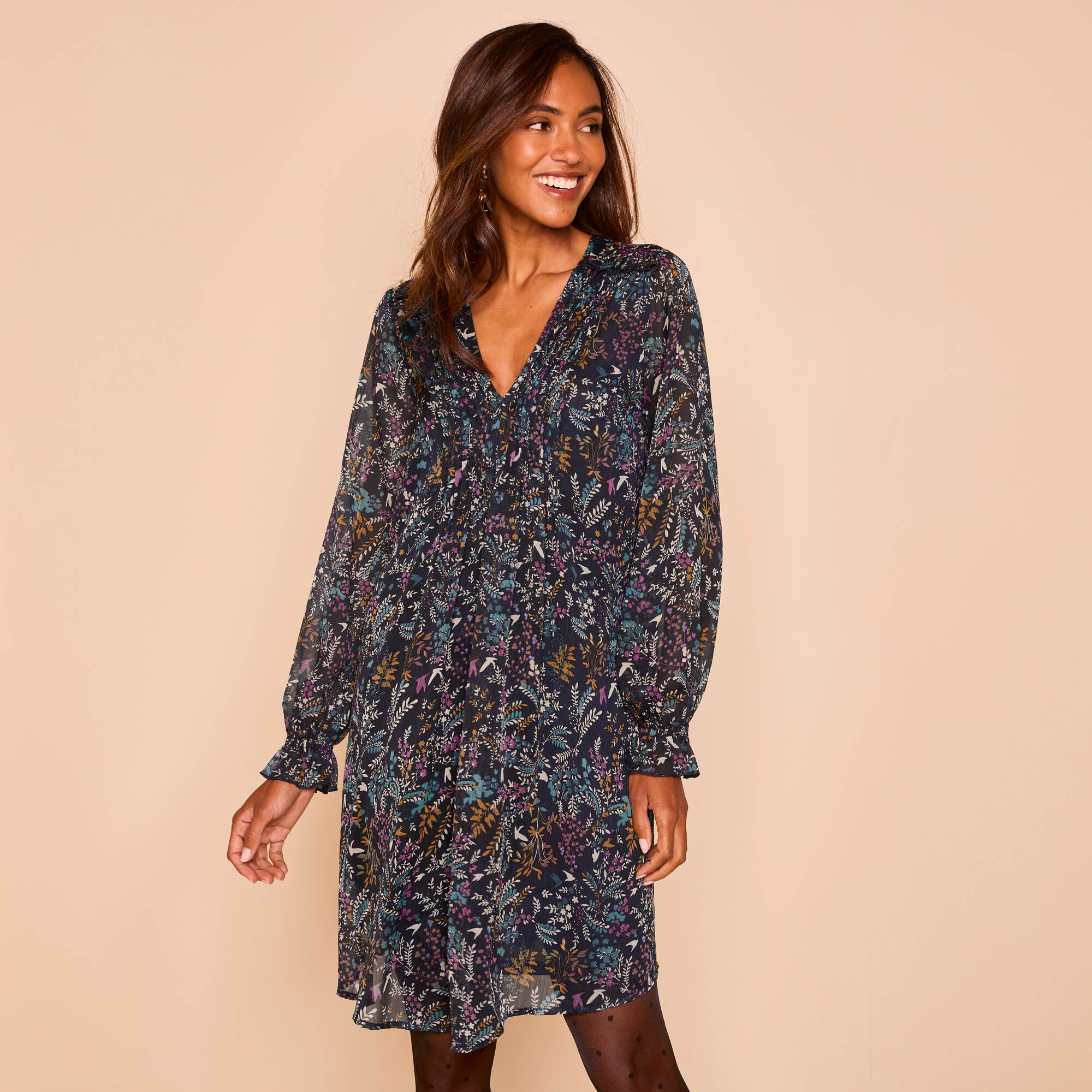 Robe imprimée à plis, imprimé for&ecirc;t