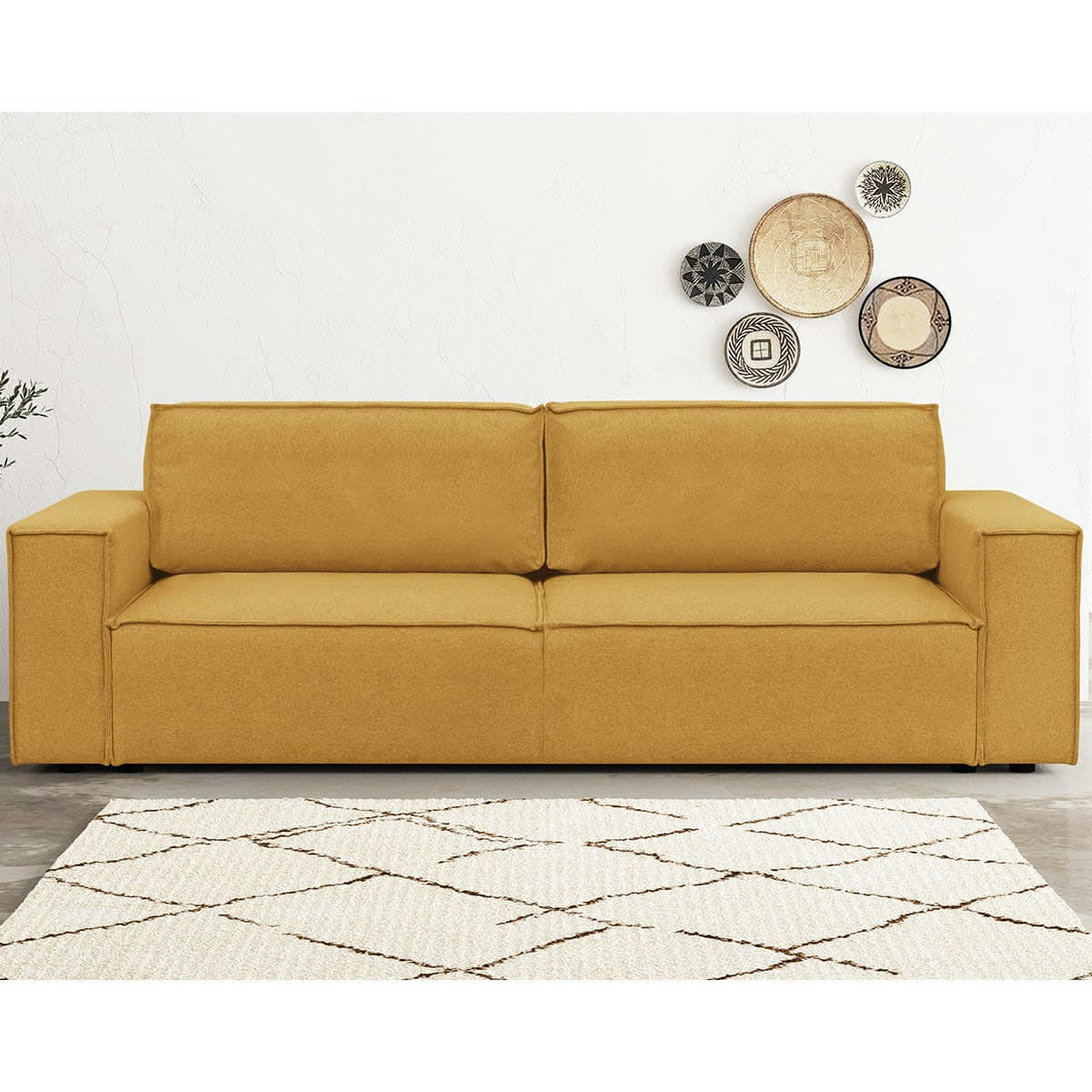 HARPER NEW - Canapé 3 places convertible + coffre en tissu jaune moutarde