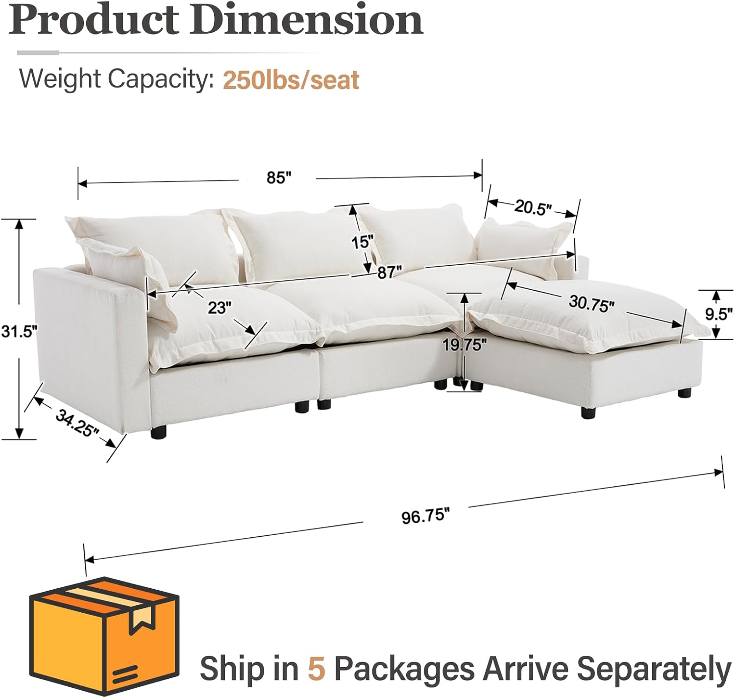 Kmax 97 Modular Sectional Sofa for Living Room, Modern Convertible L Shaped Sofa Couch Oversized Deep Seat Cloud Couch Sleeper with Ottoman, White