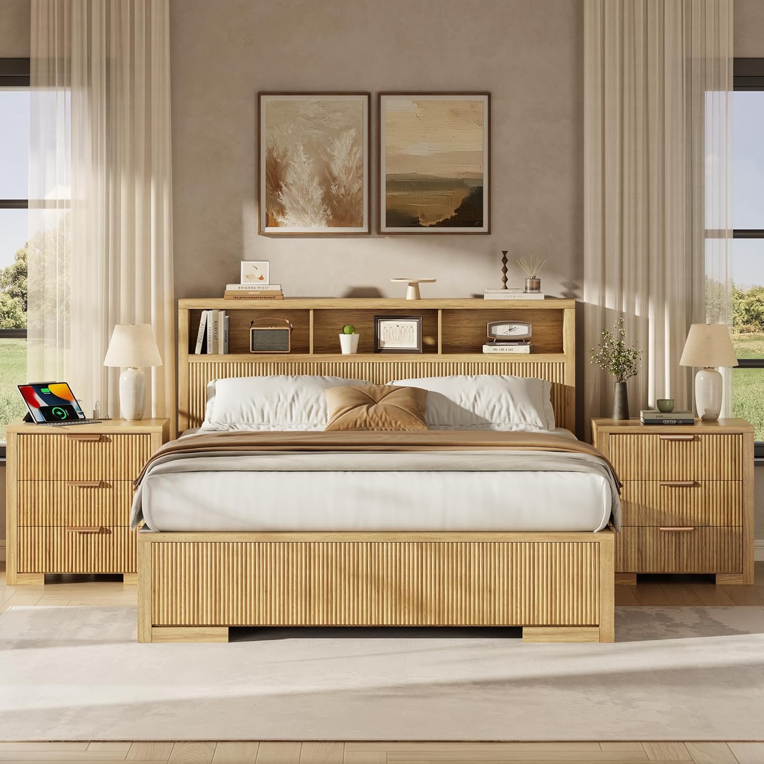 Fluted Nightstand Set of 2 with Charging Station, 23.6 Night Stand with 3 Drawers,End Table with Storage, Bed Side Table for Bedroom,Modern Nightstand for Living Room, Natural Oak