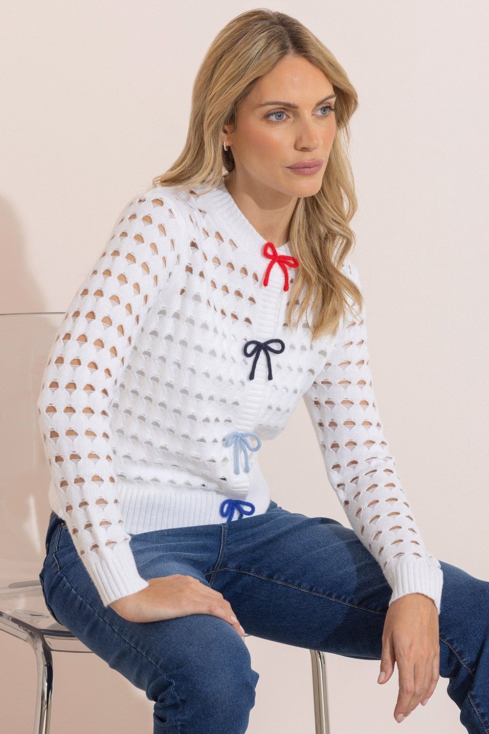 Klass. Bow Trim Pointelle Knitted Cardigan