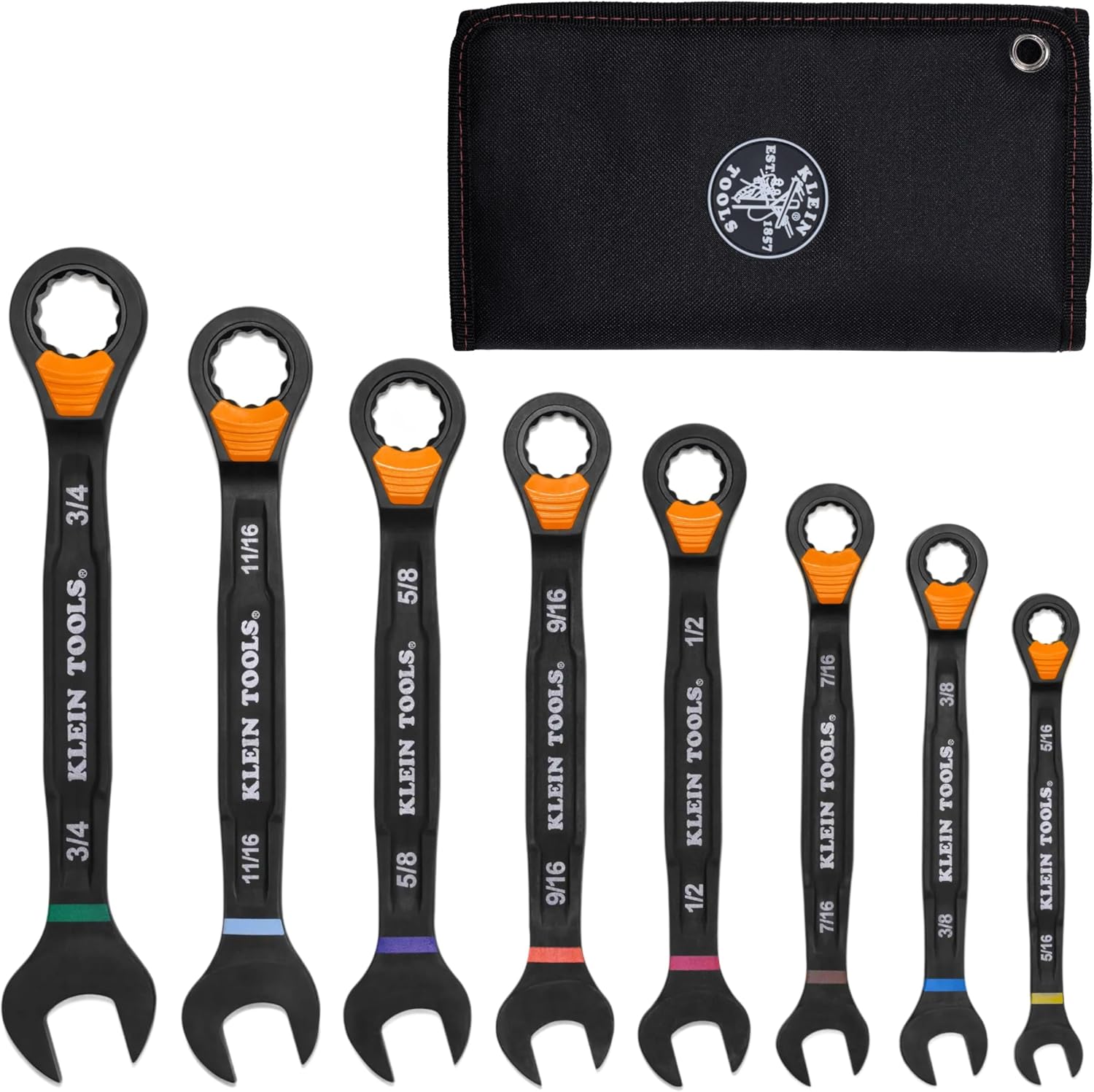 KLEIN TOOLS 69508 SAE Ratcheting Combination Wrench Set, 8-Piece, Slide-Lock 90-Tooth Ratchet, I-Beam Handle, Color-Coded Size Markings, Roll Pouch Storage