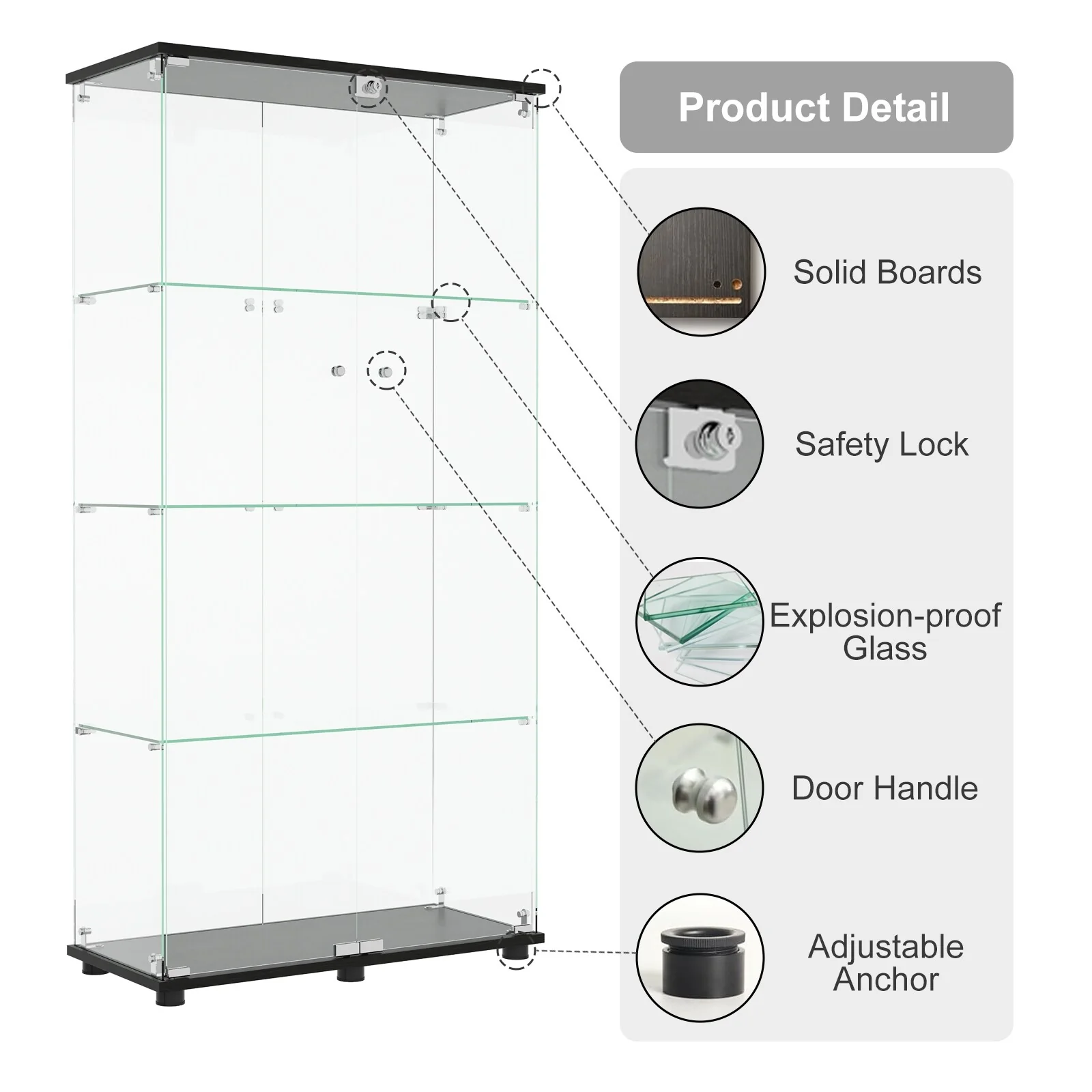 Glass Display Cabinet with 4-Shelf Double Doors and Lock, Curio Cabinet 5mm Tempered Glass Floor Standing Bookshelf