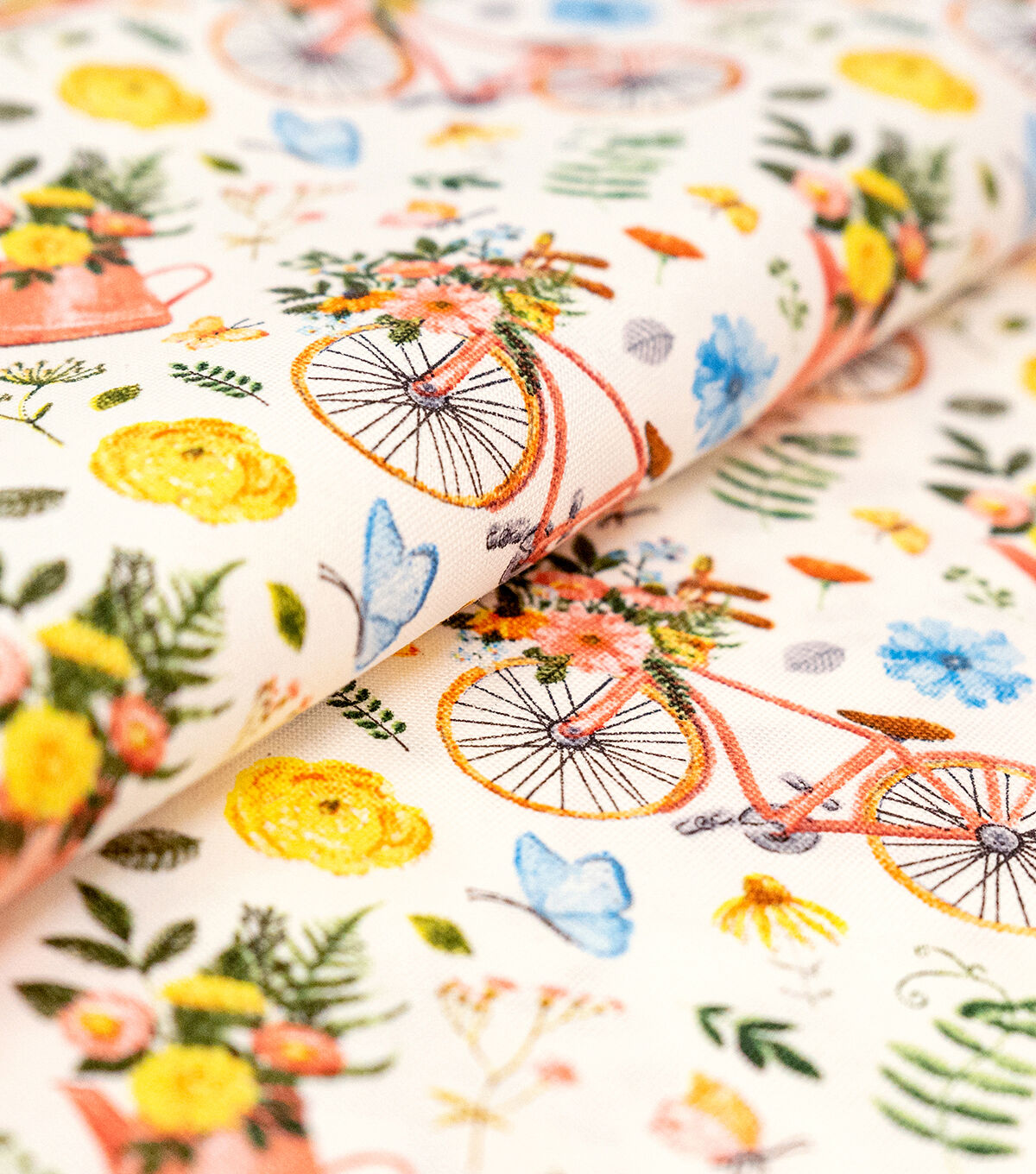 Singer Bikes And Gardening White Cotton Fabric