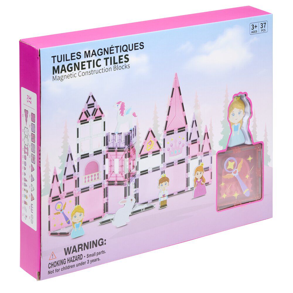 Jeu construction enfant fille tuiles magnétiques x37 thème princesse rose