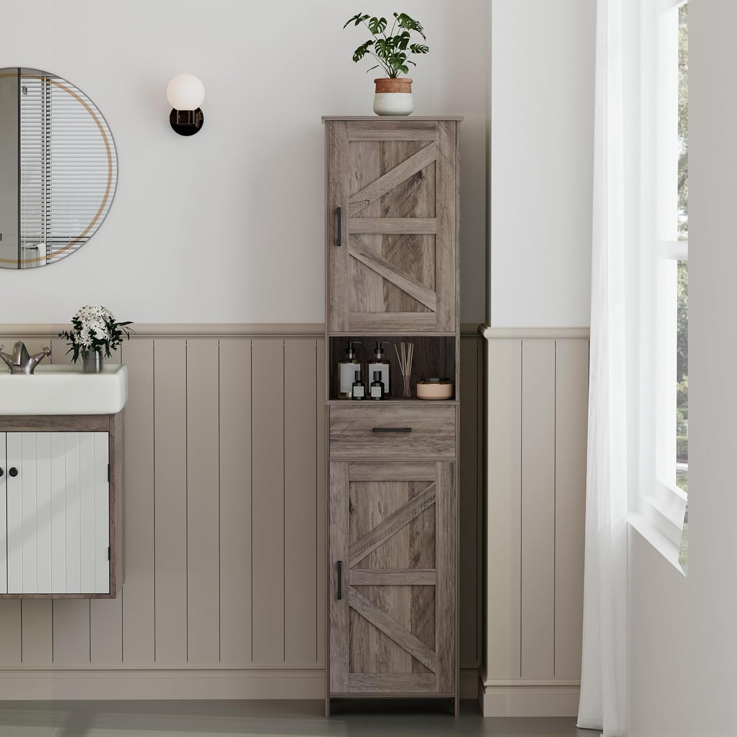 Homhedy 67 H Tall Bathroom Storage Cabinet with 2 Barn Doors and 1 Drawer, Narrow Storage Unit, Adjustable Shelves, Floor Cabinet for Bathroom, Living Room, Entryway, Kitchen, Greige, (15.7 W)