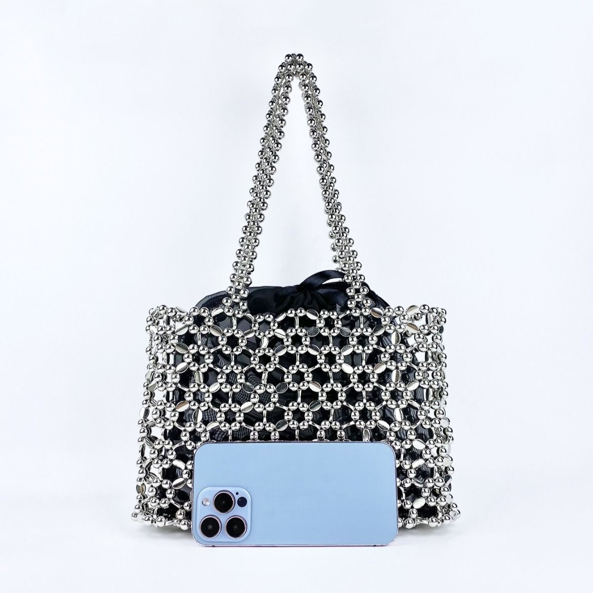 PEACH ACCESSORIES Metallic Silver Beaded Tote Bag