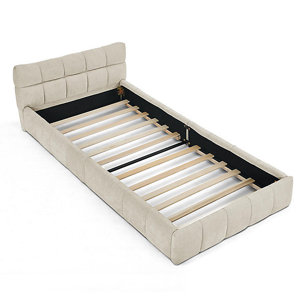 Lit enfant 90x200 cm, chenille, motif matelassé, bois eucalyptus - beige