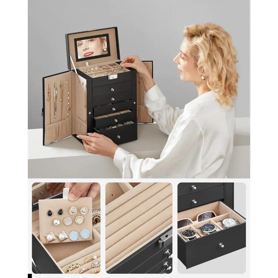 Parya Home sieradendoos �?6 niv, zijkleppen, spiegel, slot, zwart