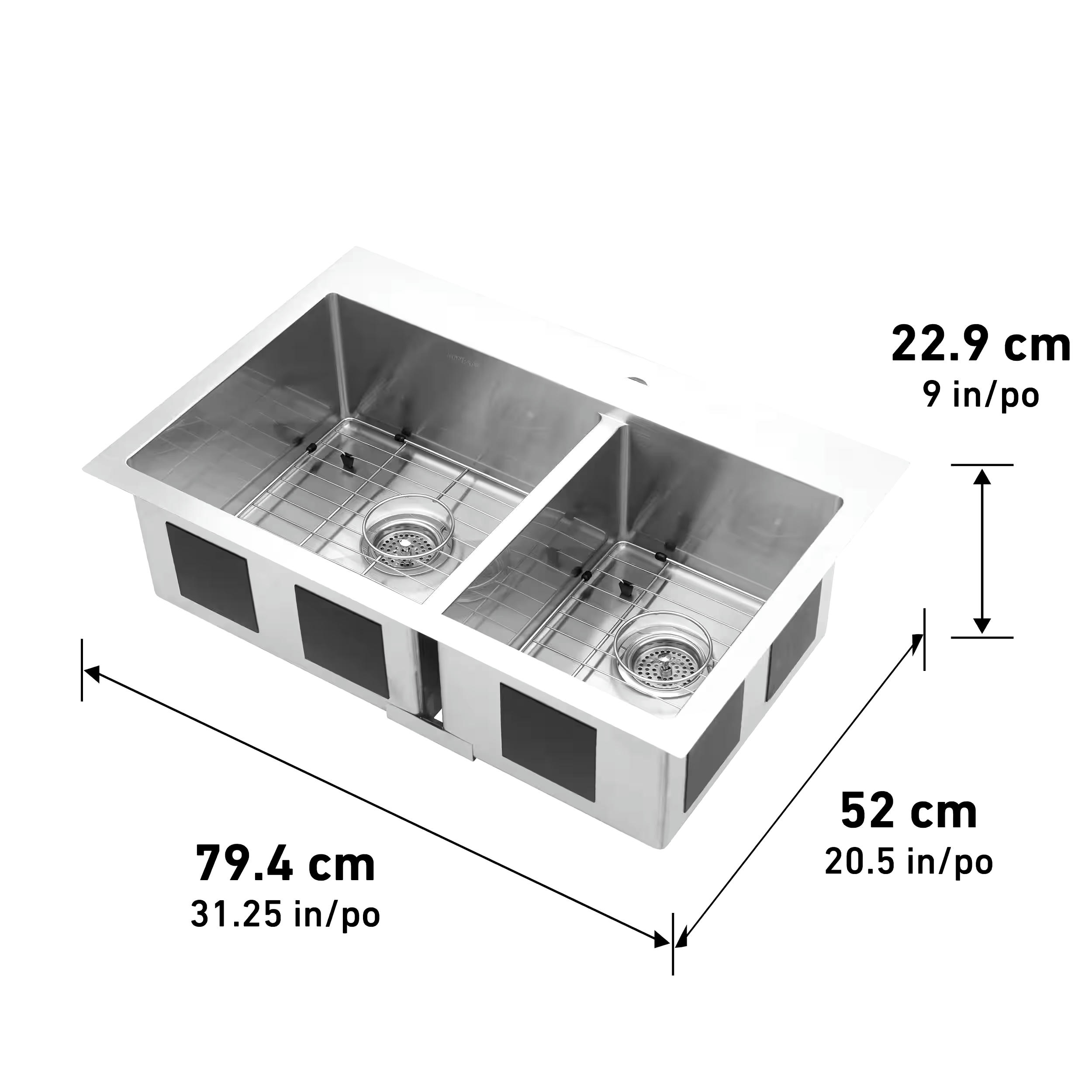Artika Laguna Bay Top/Undermount Stainless Steel Double Bowl Kitchen Sink, 31x21x9-in