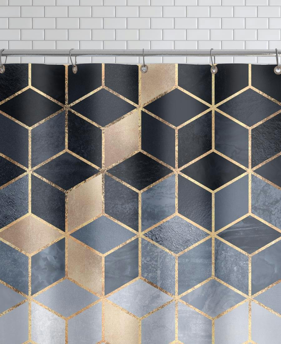 SOFT BLUE GRADIENT CUBES - Rideau de douche en polyester en bleu & gris 150x200