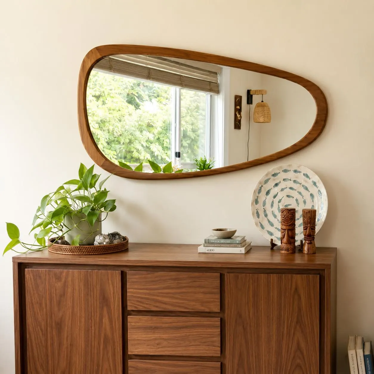 Wabi Sabi Large Mirror, Solid Wood Irregular Wall Mirror with Warm Walnut Finish