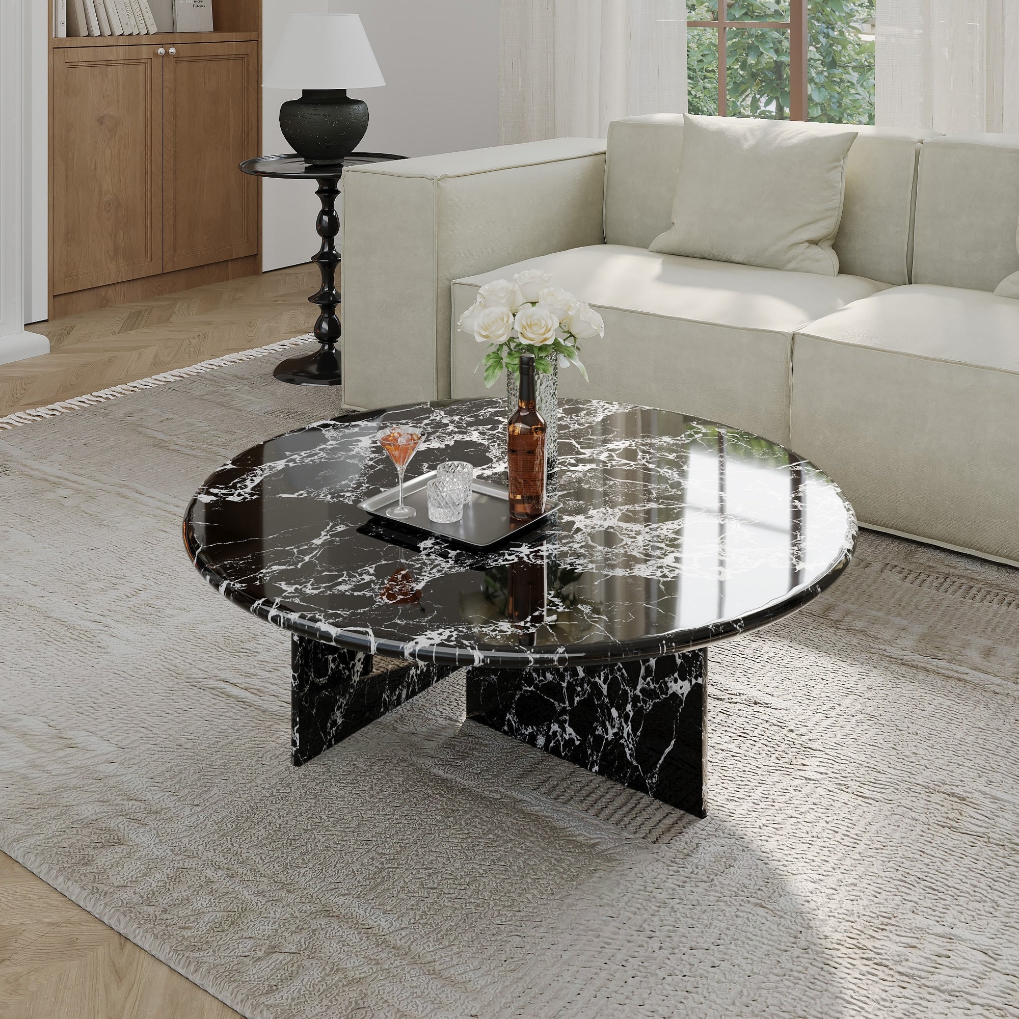 35.43Modern Round Coffee Table,Glossy Faux Marble Table top