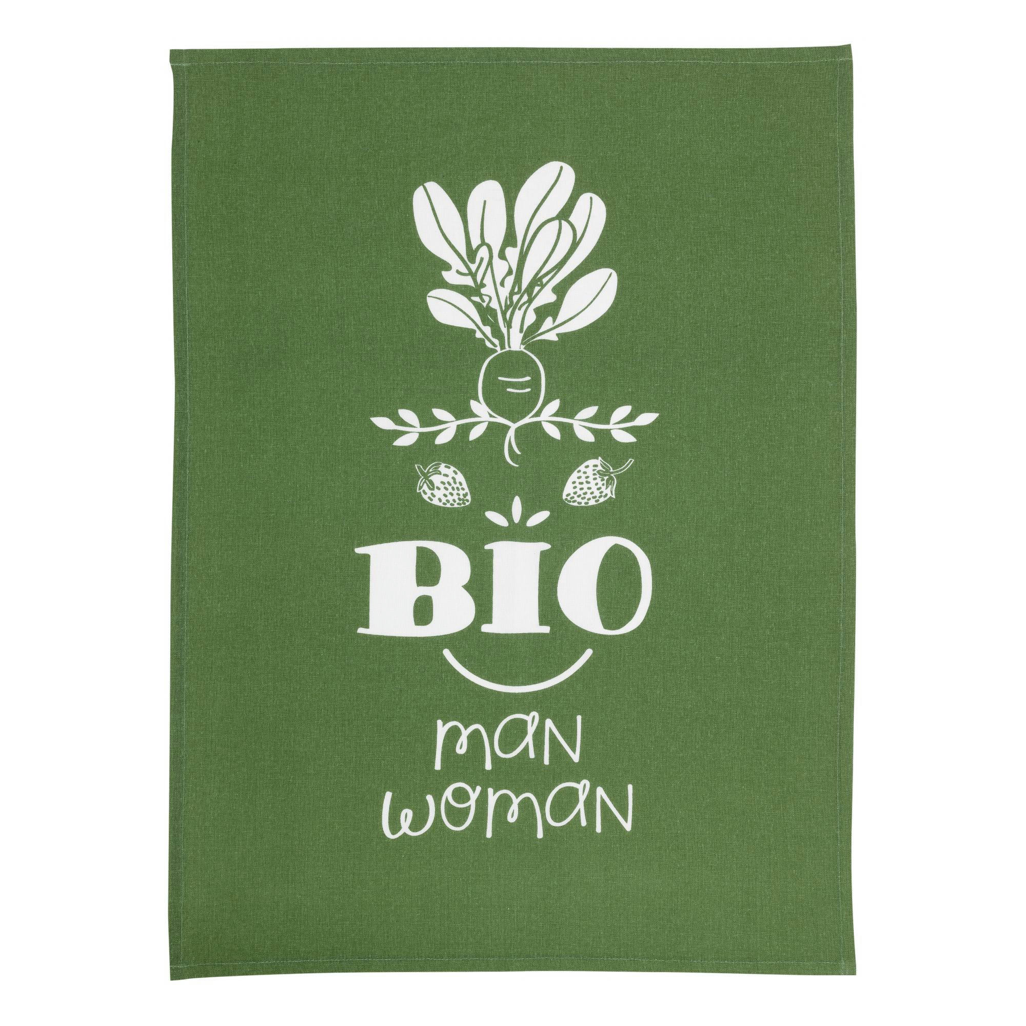 MESSAGES - Torchon message bioman et woman en coton vert 70 x 50
