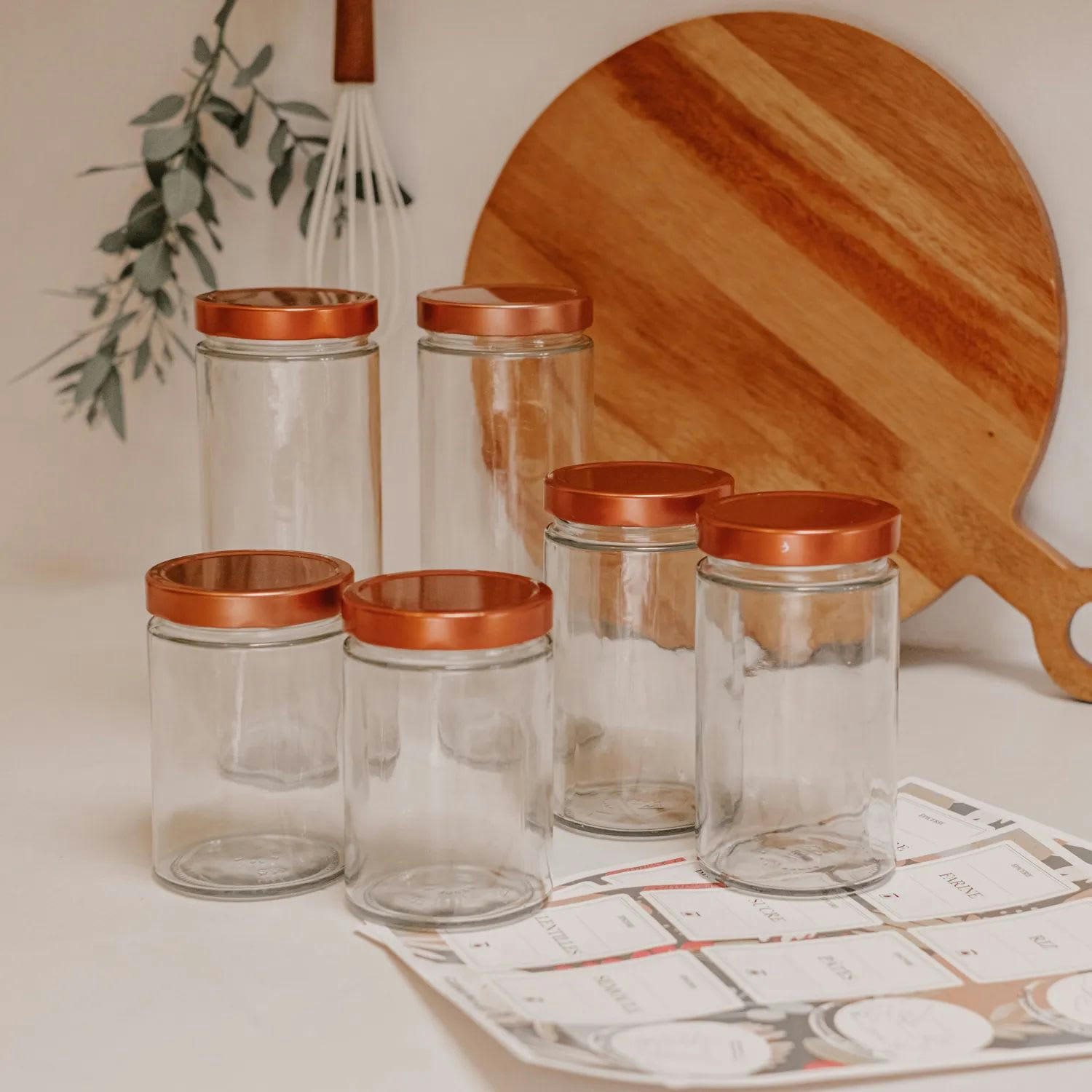 PACK EPICERIE - Pack épicerie - 6 bocaux couvercles cuivre + étiquettes