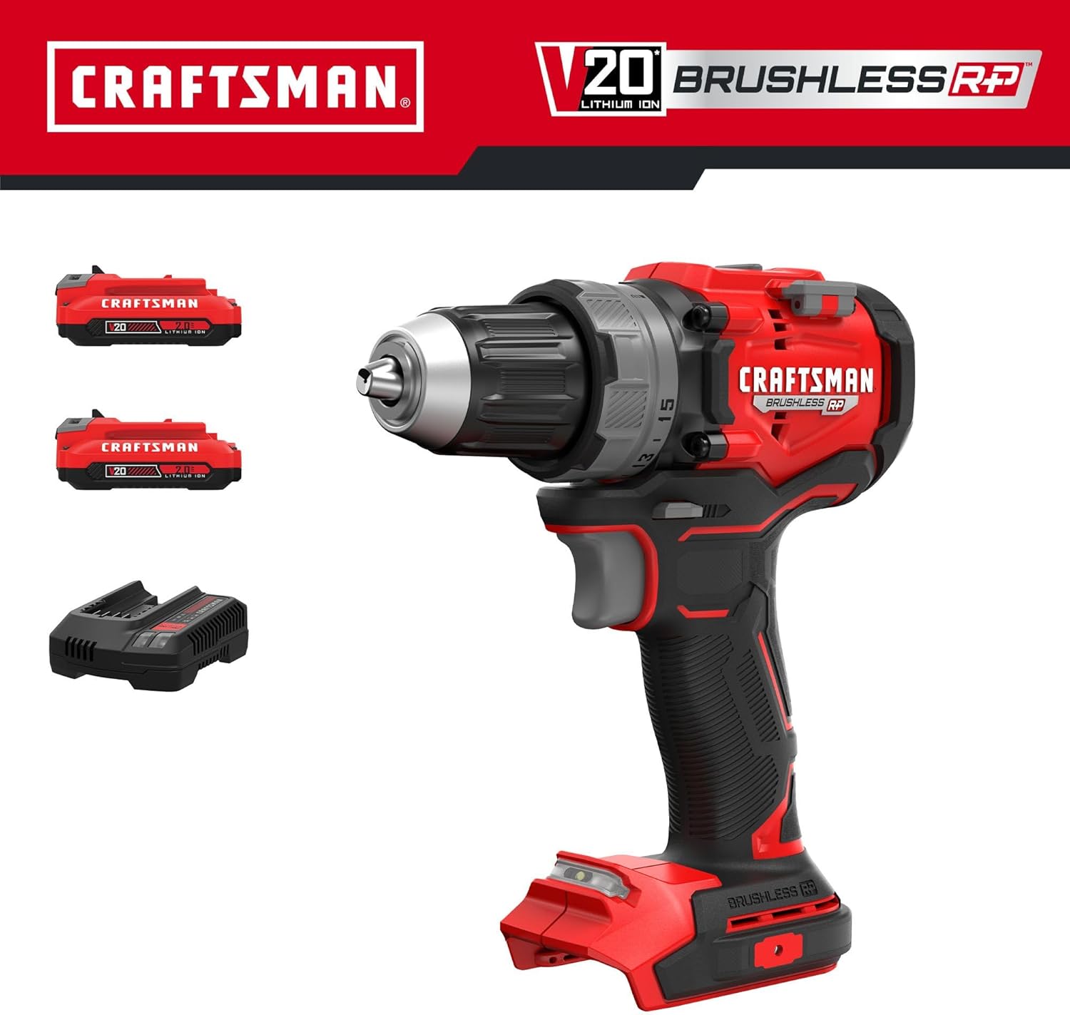 CRAFTSMAN V20 1/2 Inch Drill/Driver Kit with 2 Batteries and Charger (CMCD725D2)