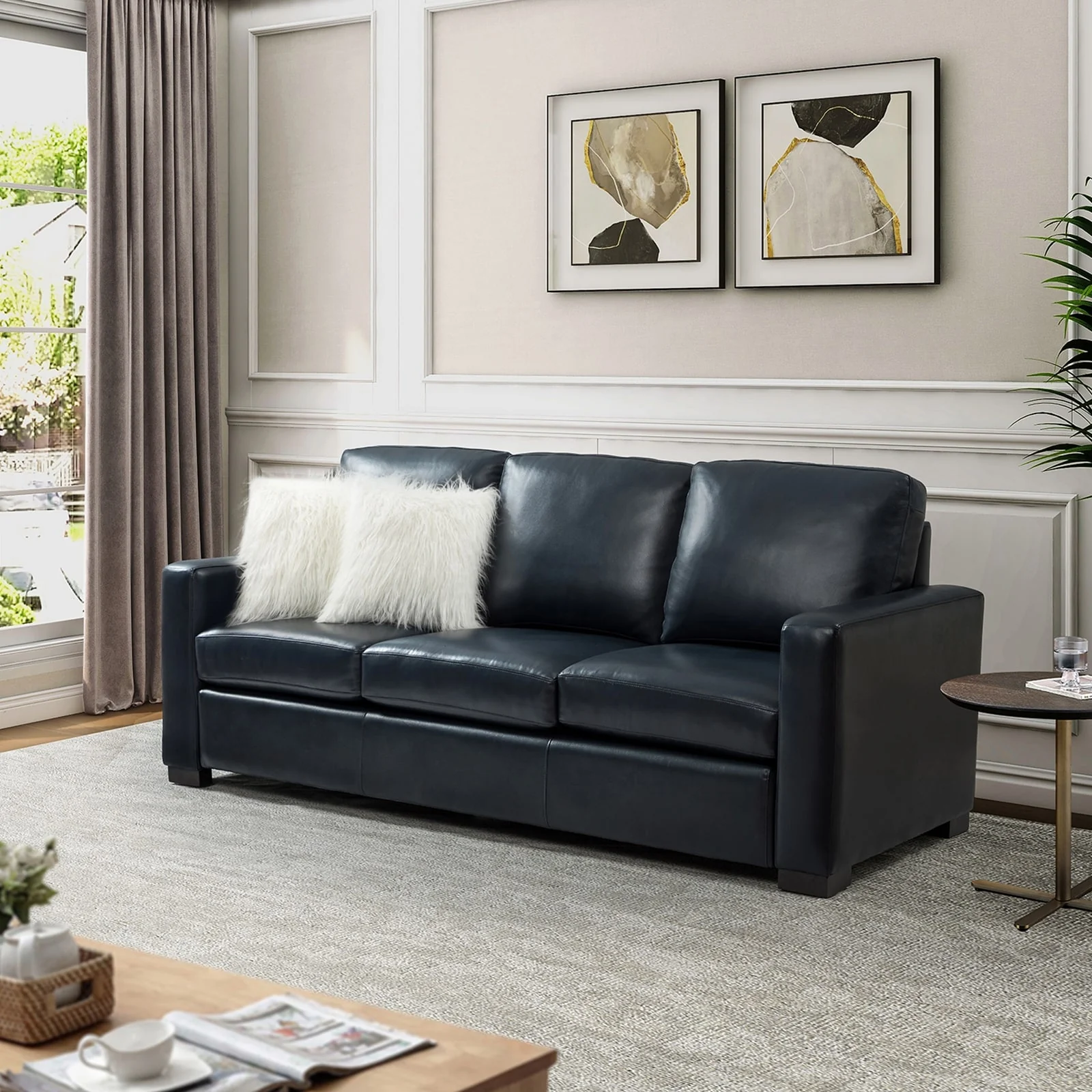 Ernando 83.46 Wide Genuine Leather Sofa with Squared Arms and Pillows