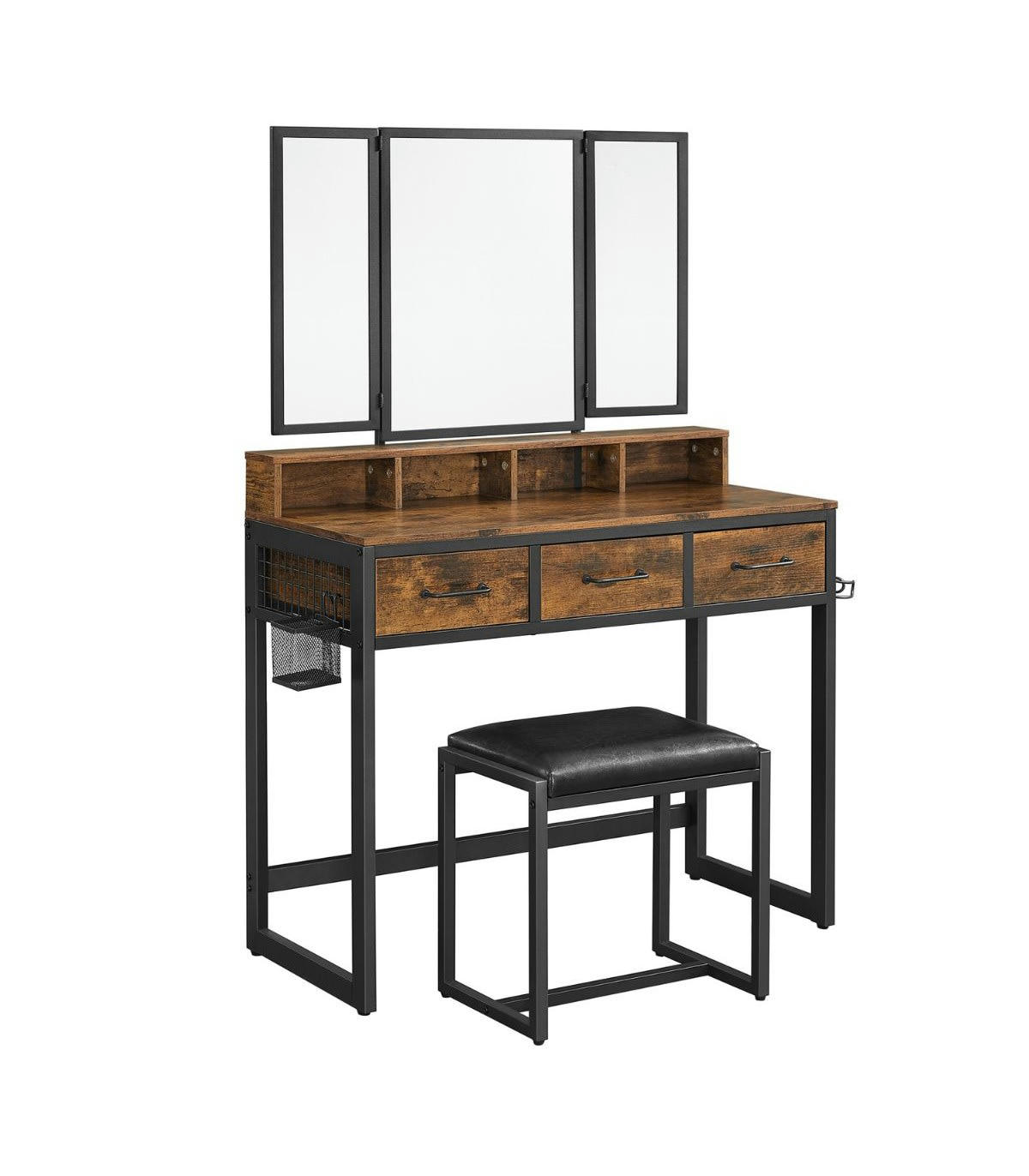 - Console à maquillage avec miroir et tabouret effet bois L90 x H141 cm