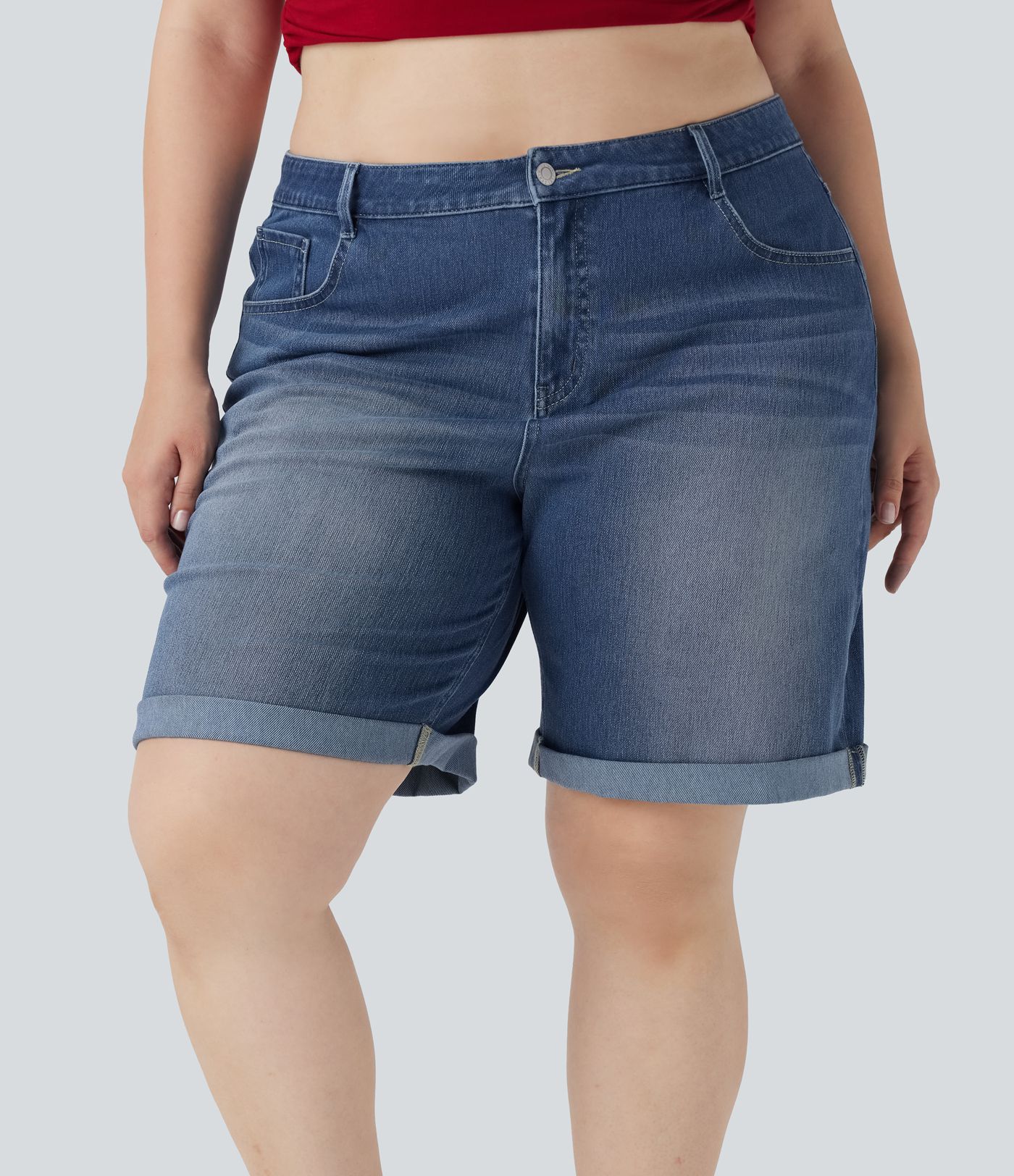 Short bermuda casual denim grande taille Halara Flex™ tricot extensible délavé taille haute multiples poches ourlet roulotté