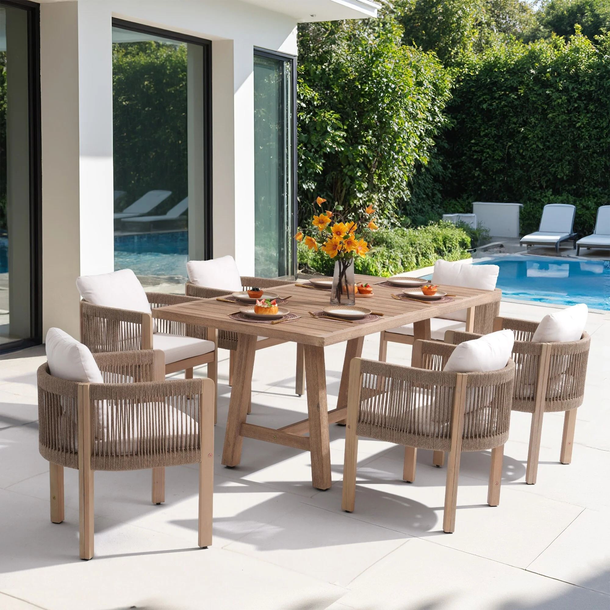 7 - Piece Wooden Outdoor Dining Set with Cushions