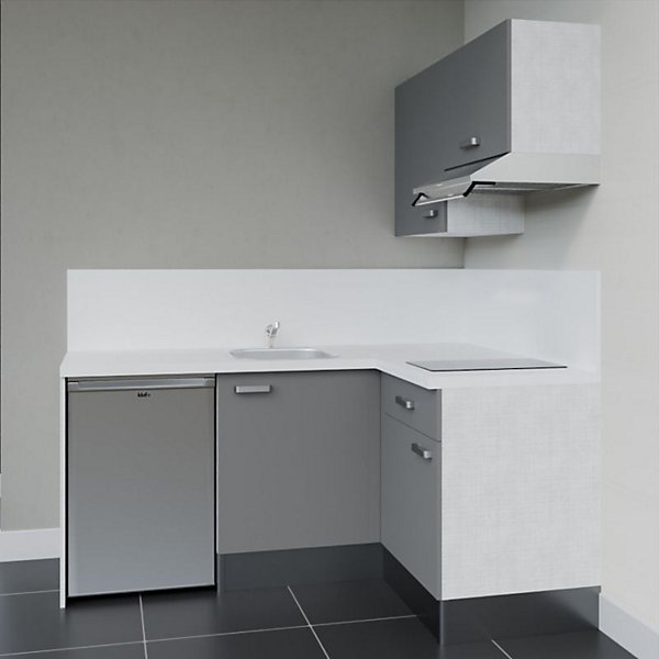 Kitchenette KA02 façades Gris - Plan de travail Blanc - Crédences : Oui - Evier inox - Electroménager Inox inclus