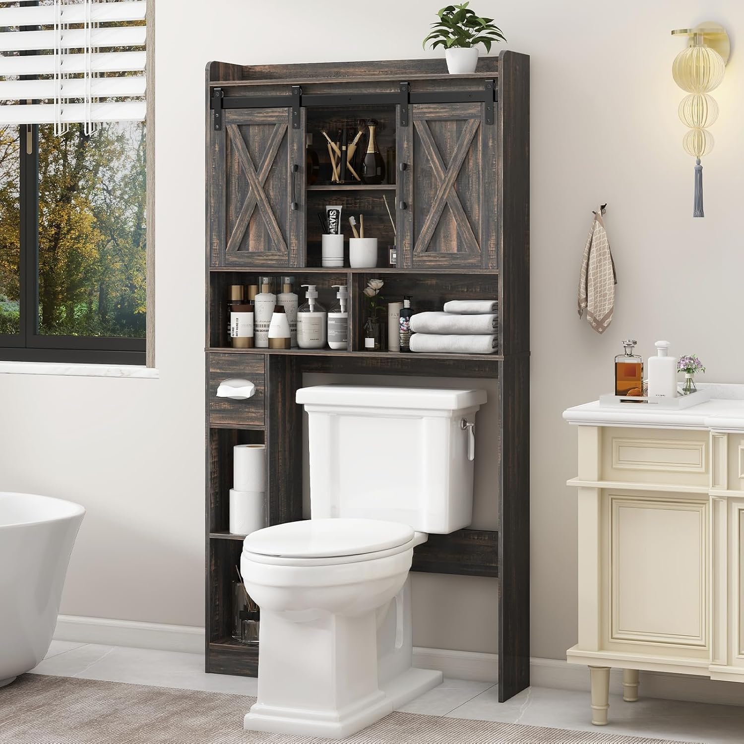 Vabches Over The Toilet Storage Cabinet, Farmhouse Storage Cabinet Over Toilet with Sliding Door& Toilet Paper Holder Stand，Home Space-Saving Toilet Rack, for Bathroom, Laundry and Restroom