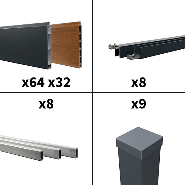 Kit Clôture Aluminium BAHIA &CRUZ Teck 14,68x1,8m - Bois Composite &Aluminium - Poteaux Gris - Brise Vue - Palissade