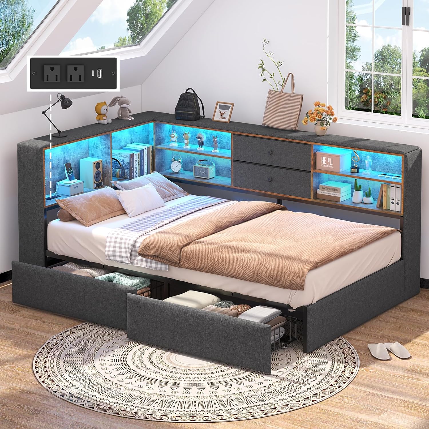 Twin Corner Bed Frame with Storage Bookcase and 4 Drawers, Upholstered Daybed Twin Size with Charging Station & LED Lights, L-Shape Twin Size Bed Frames Metal Platform Bed for Kids Teenagers, Oak Grey