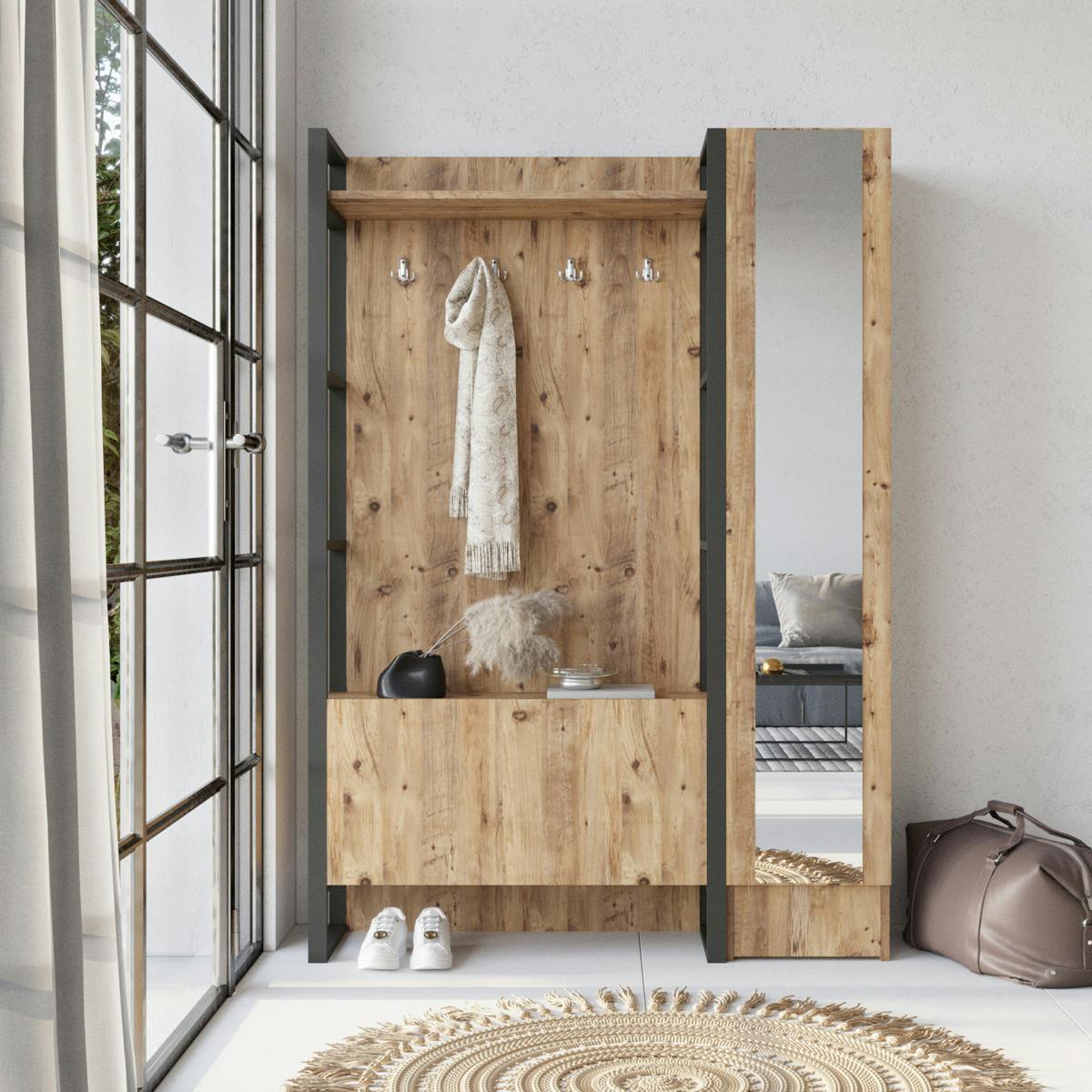Grand vestiaire d'entrée rustique chic 1 miroir 2 portes MARFA